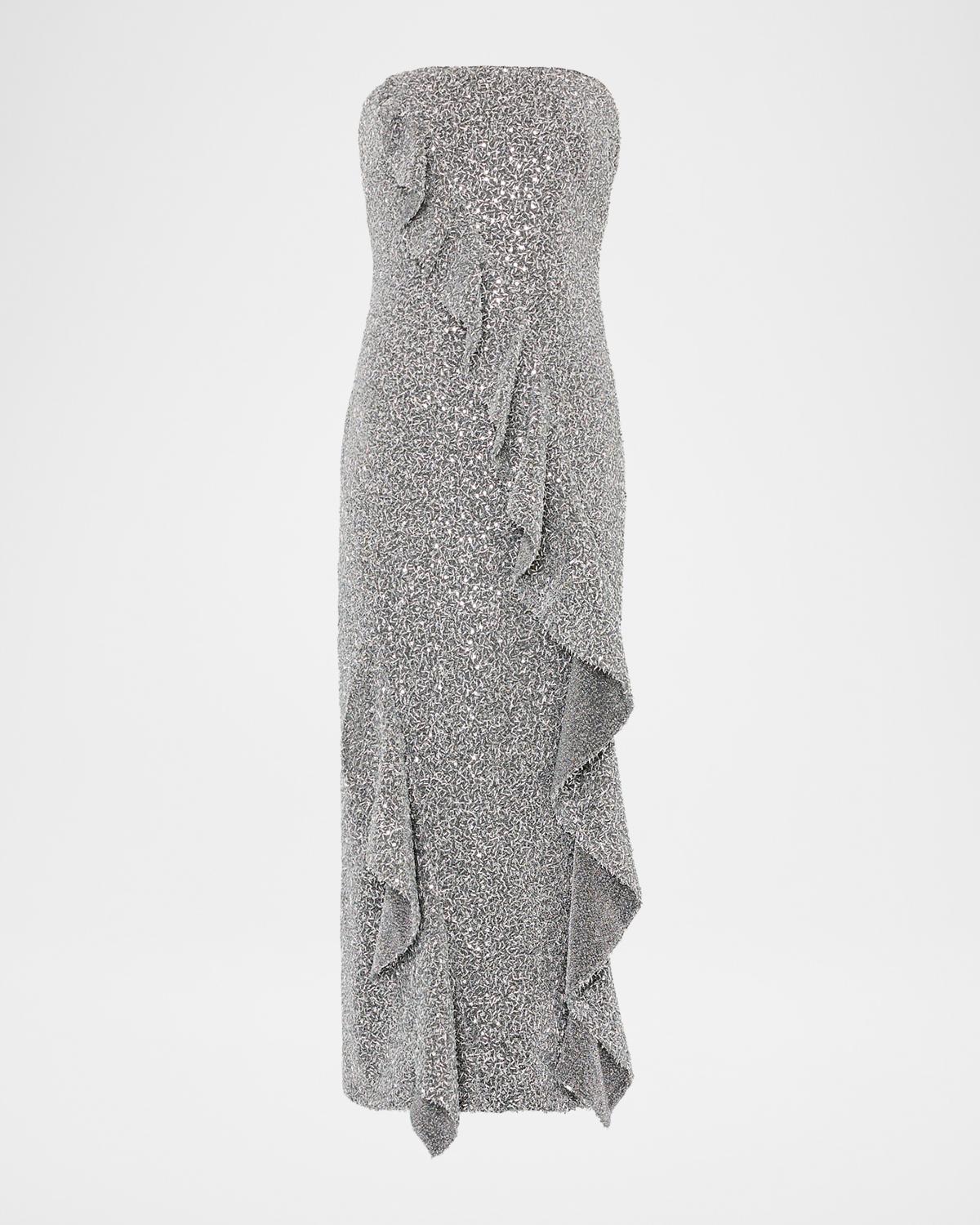 Milly Katy Strapless Ruffle Sequin Midi Dress