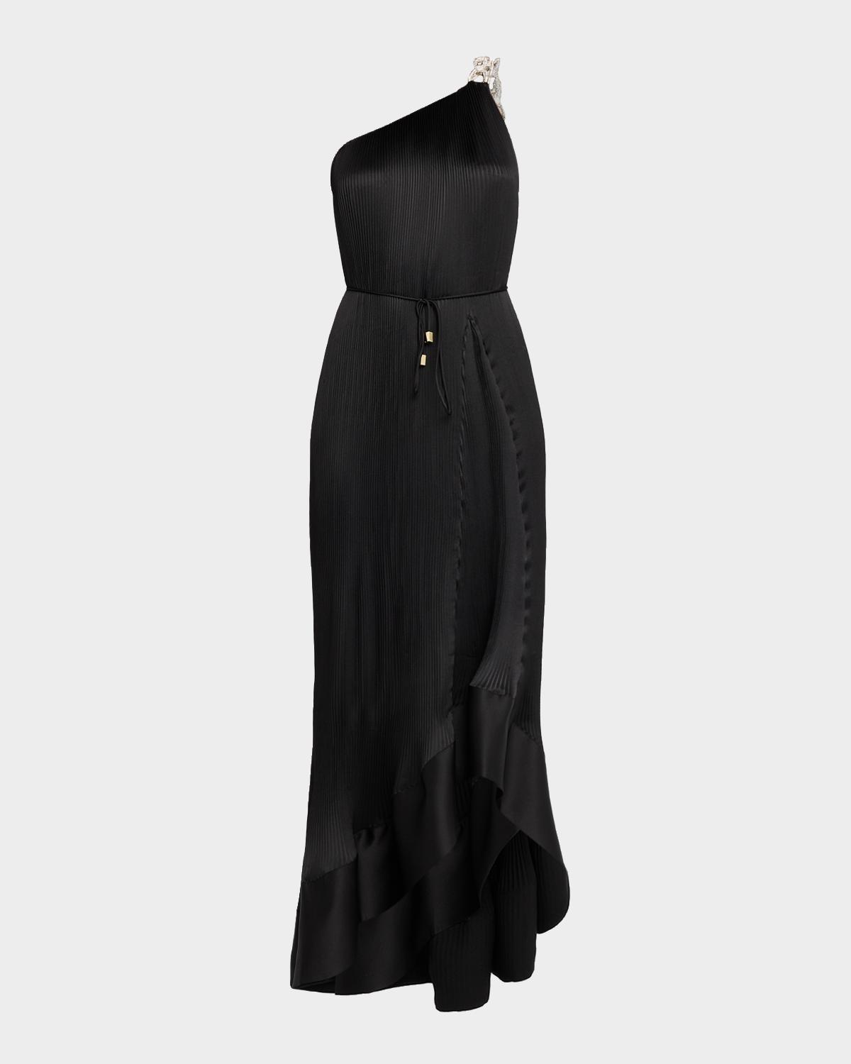 Milly Mariah One-Shoulder Pleated Satin Maxi Dress