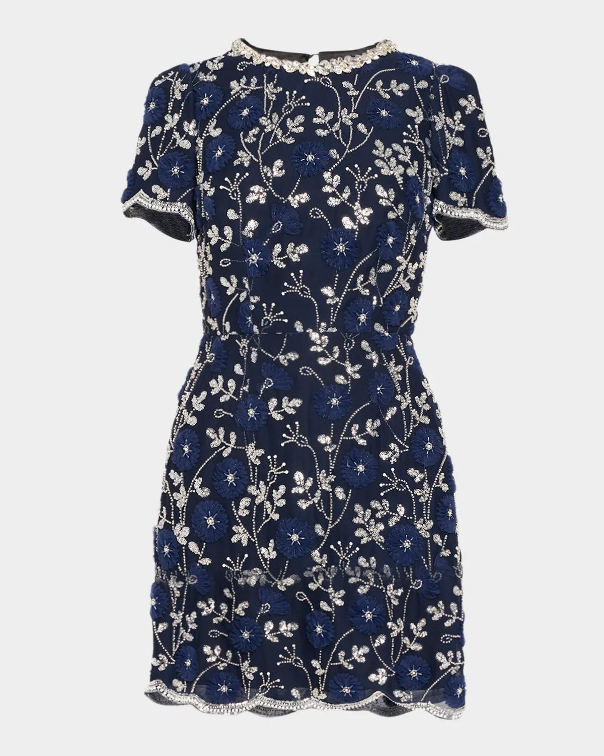 Milly Daisy Crystal Embroidered Scalloped Mini Dress