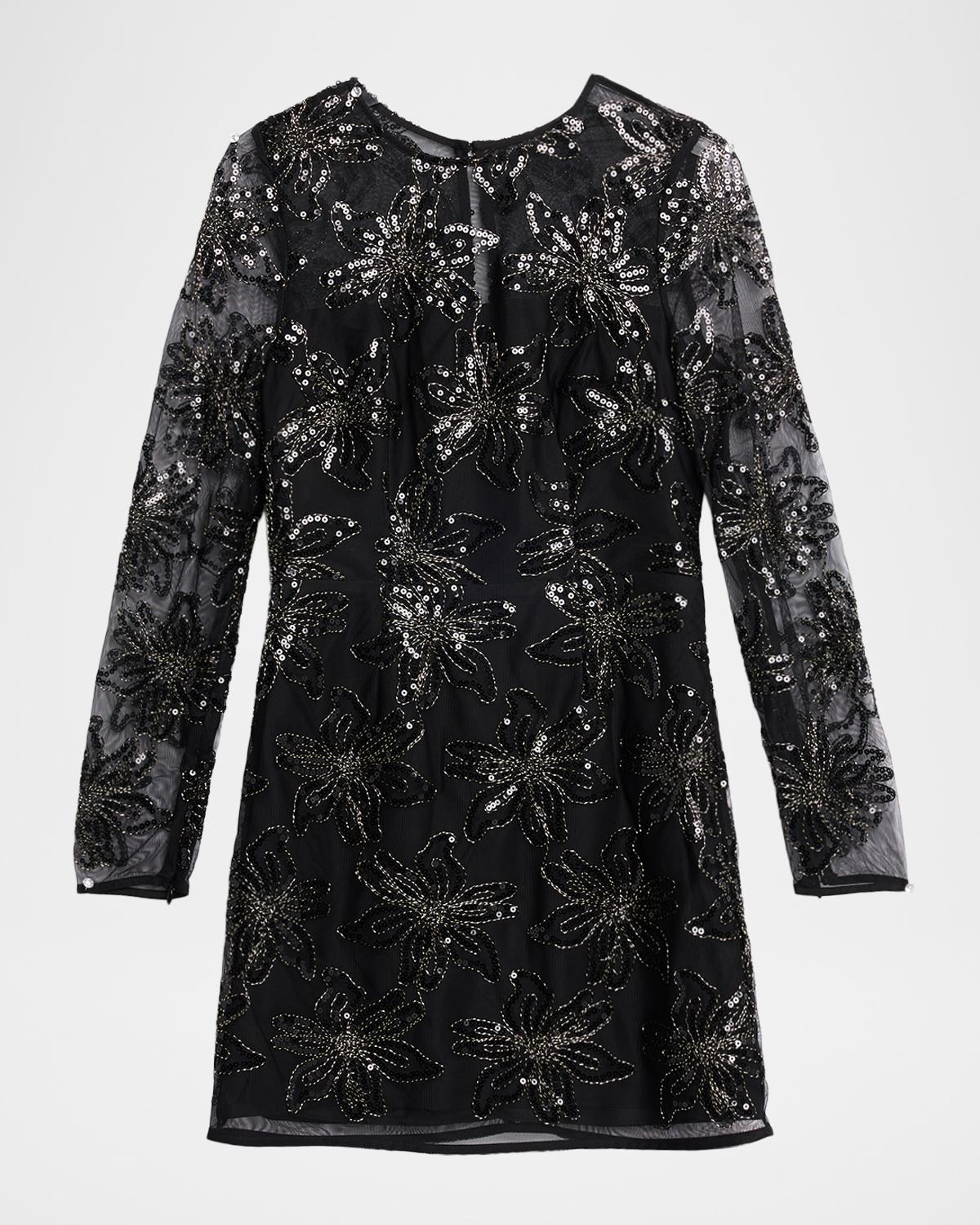 Milly Adele Embroidered Mesh Long-Sleeve Mini Dress