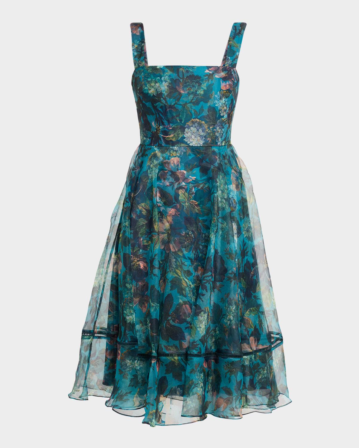 Theia Anissa Floral-Print Organza Midi Dress