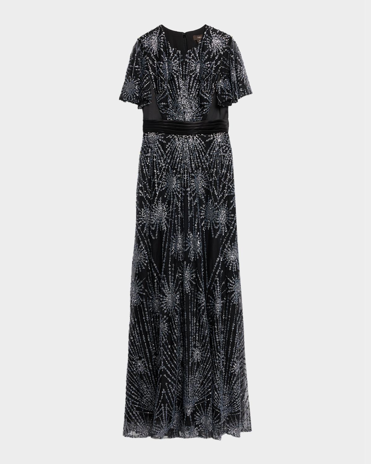 Theia Lavina Short-Sleeve Beaded Mesh Gown