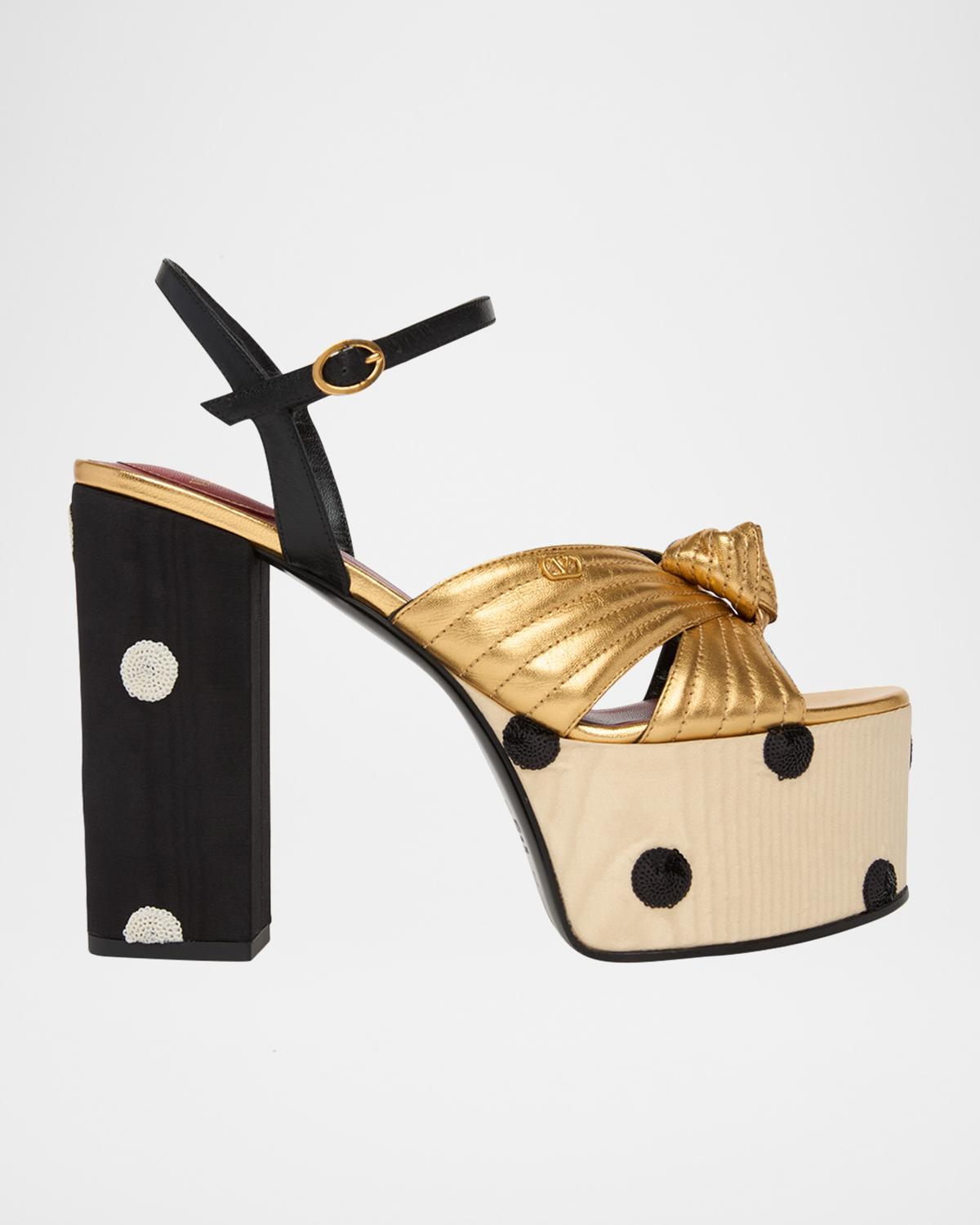 Valentino Garavani 125mm Vlogo Crasher Sequined Polka Dot Leather Platform Sandals In Gold/black
