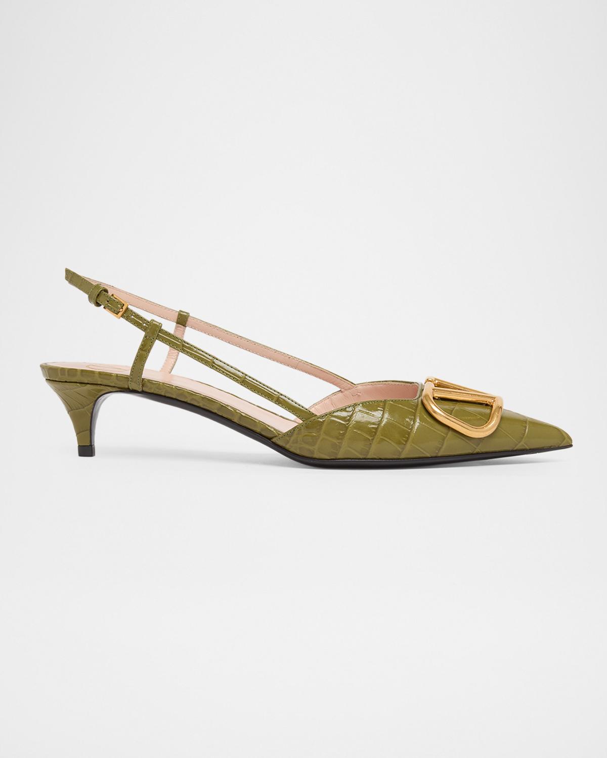 40mm VLogo Signature Croc-Embossed Leather Slingback Pumps