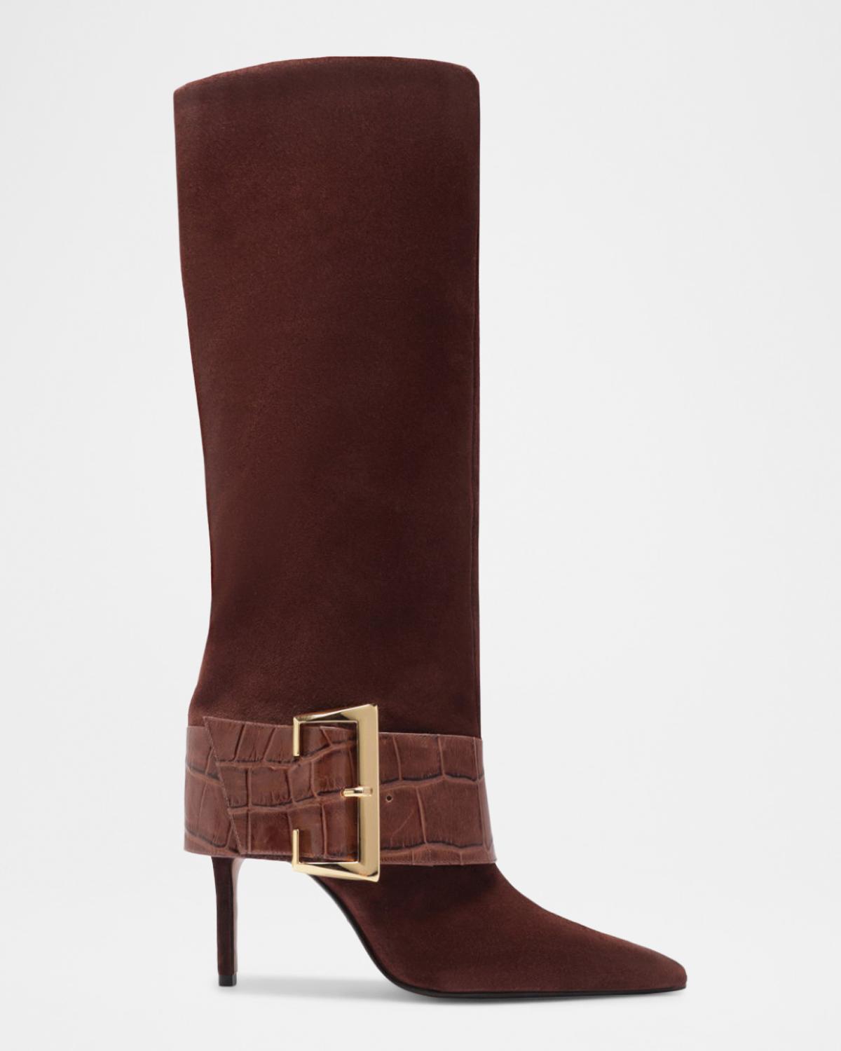 Schutz Beatrix Suede Knee-High Boots with Croc-Embossed Buckle