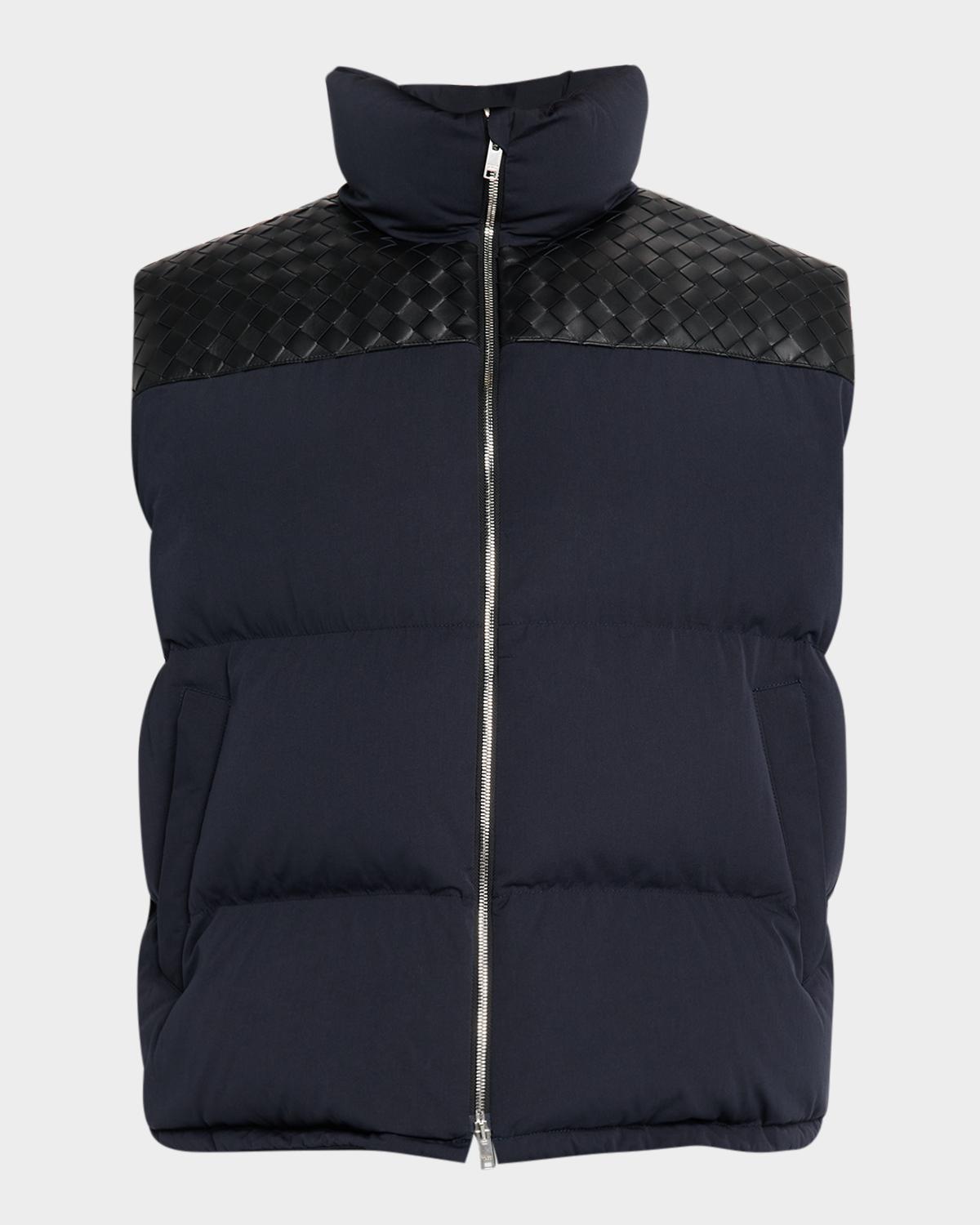 Bottega Veneta Men's Tech Puffer Vest with Intrecciato Leather Detail