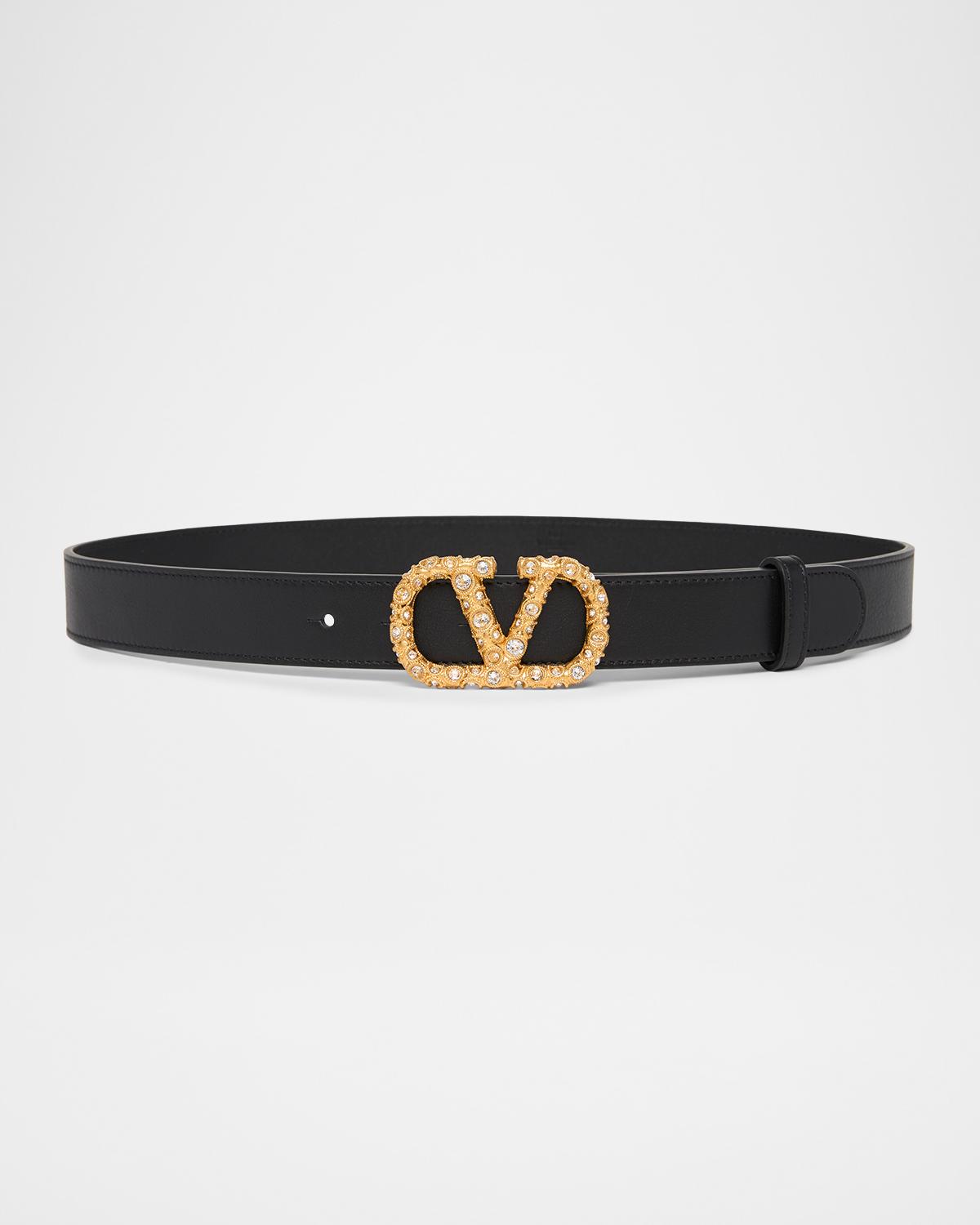 VLogo Signature Crystal-Embellished Leather Belt, 30mm