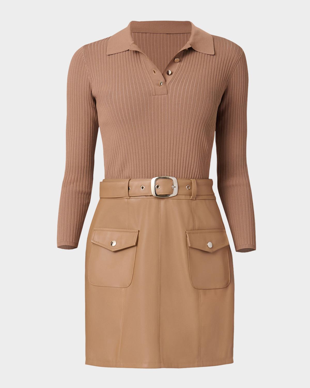 Shoshanna Melinda Belted Knit & Faux Leather Mini Dress
