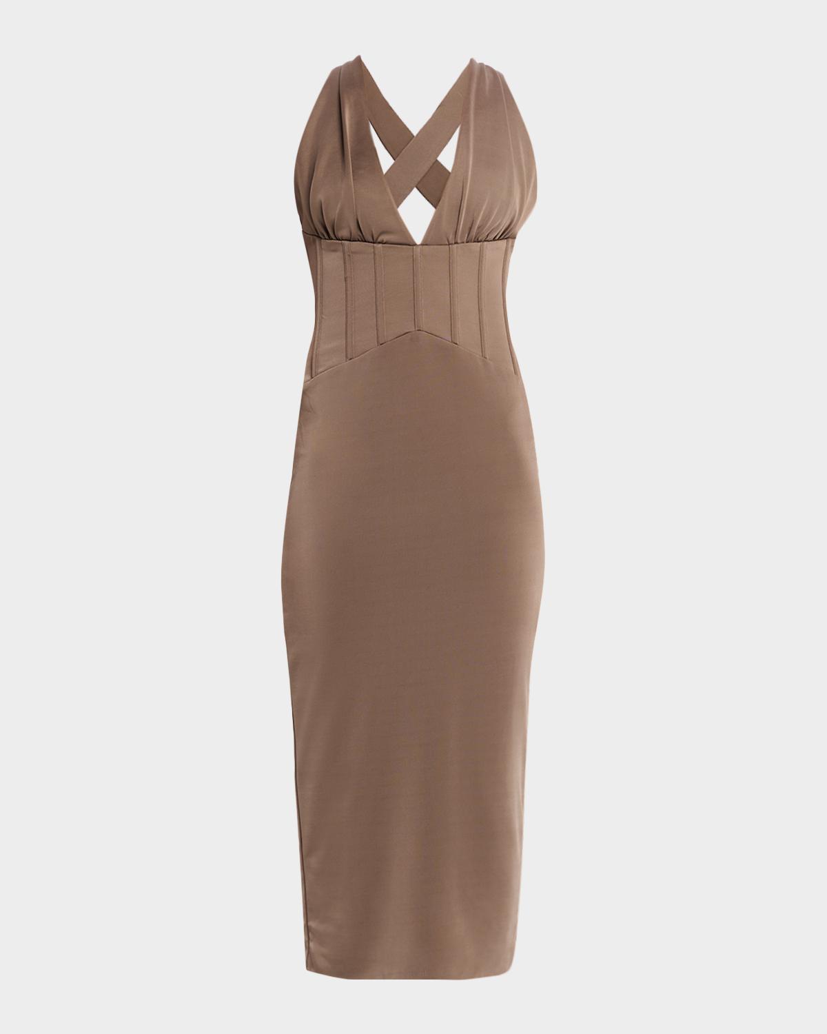 Rebecca Vallance Mischa Deep V-Neck Corset Midi Dress