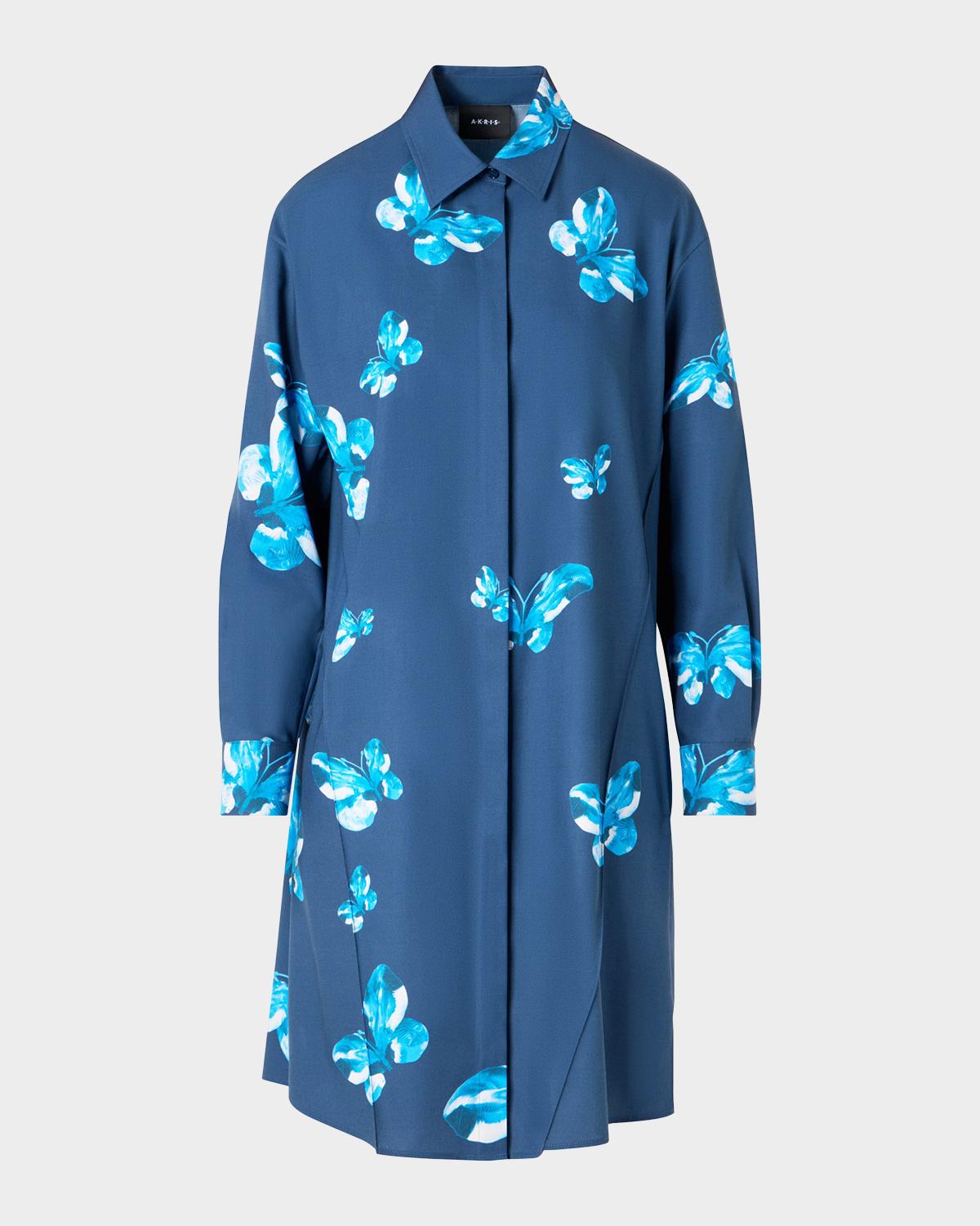 Akris Butterfly-Print Poplin Long-Sleeve Shirtdress