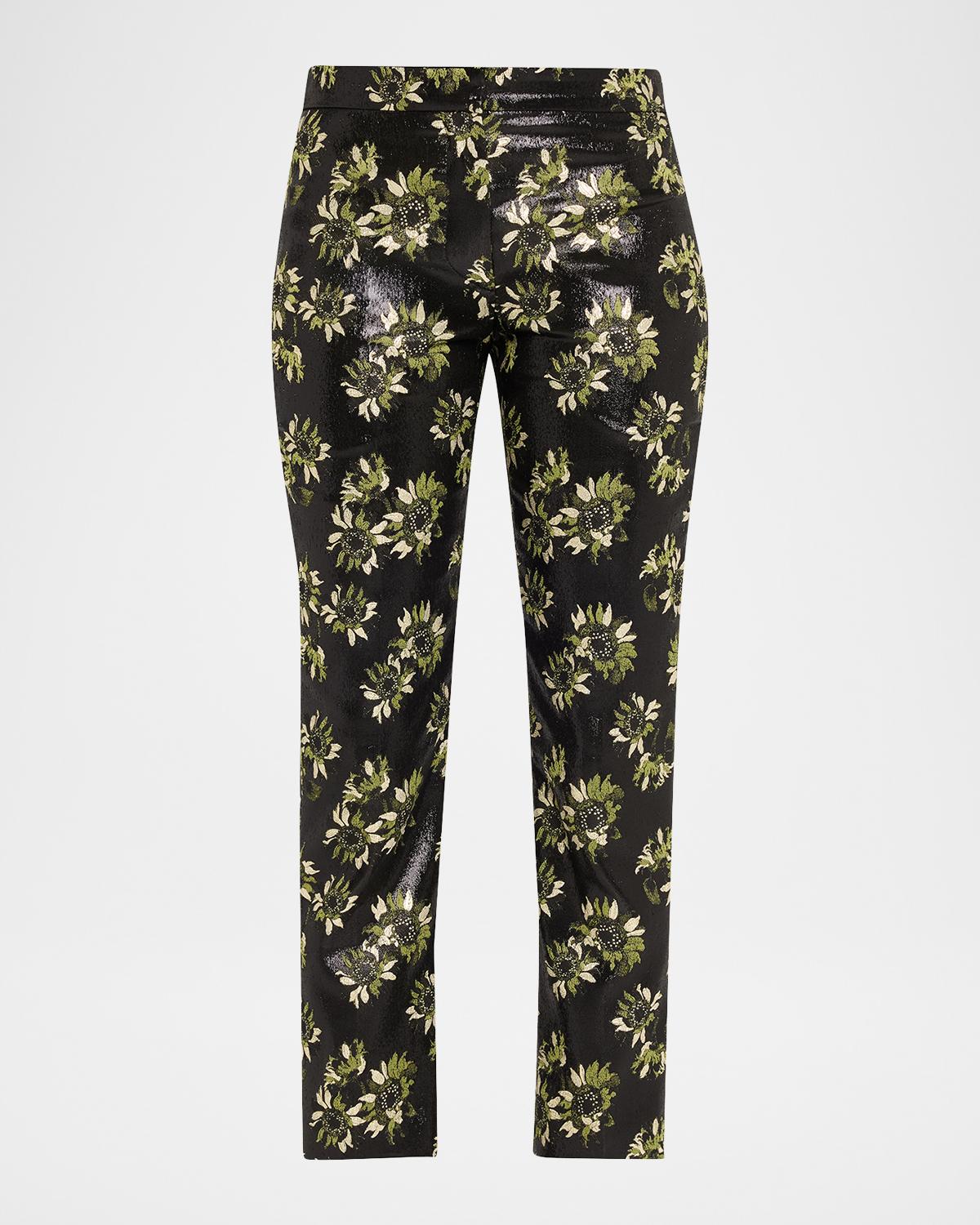 McQueen Lacquered Sunflower Jacquard Slim-Leg Ankle Pants