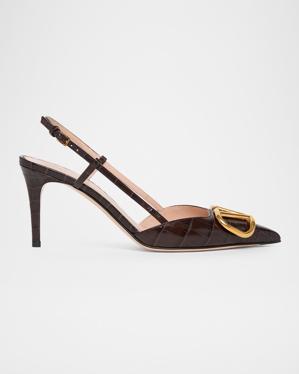 80mm VLogo Signature Croc-Embossed Leather Slingback Pumps