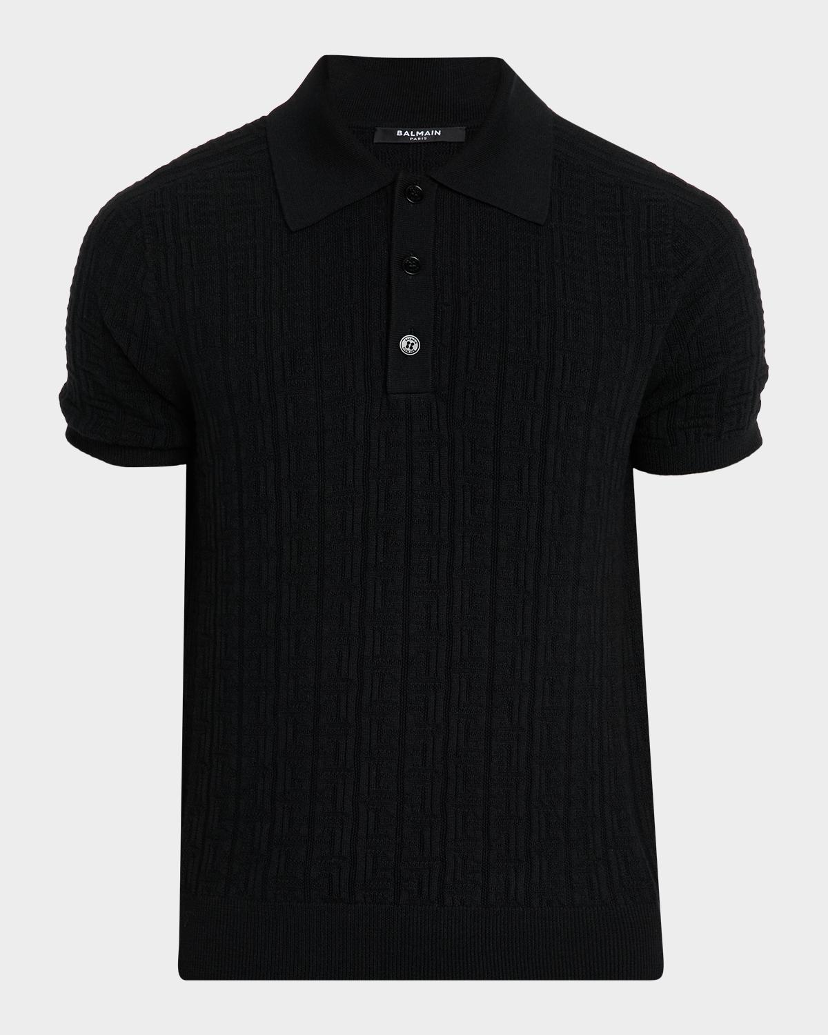 Balmain Men's Wool Monogram Jacquard Knit Polo Shirt