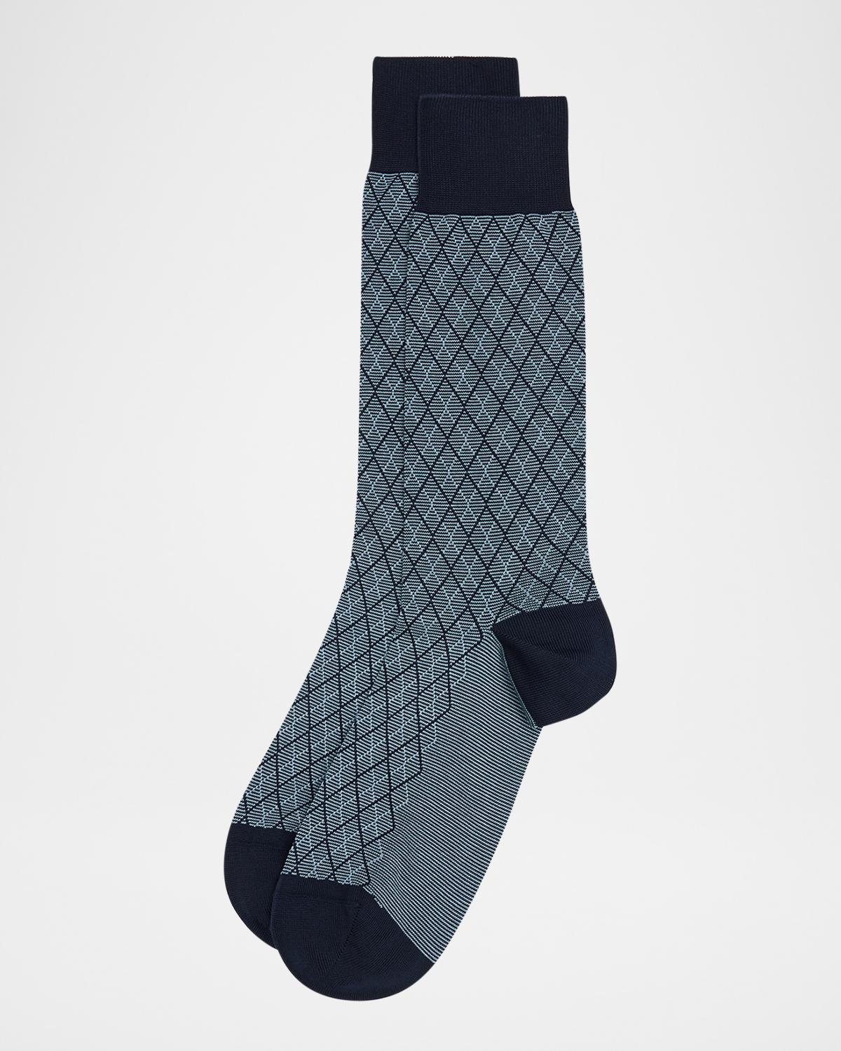 Pantherella Men's Kingsley Diamond Check Jacquard Calf-Length Socks
