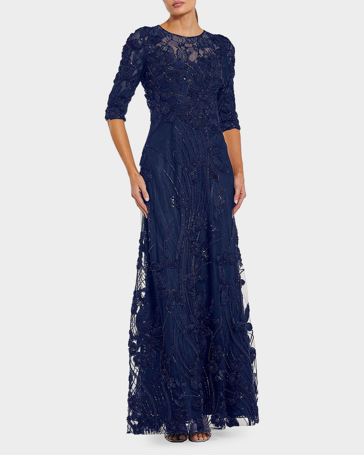 Mac Duggal Beaded Floral Applique Lace Gown