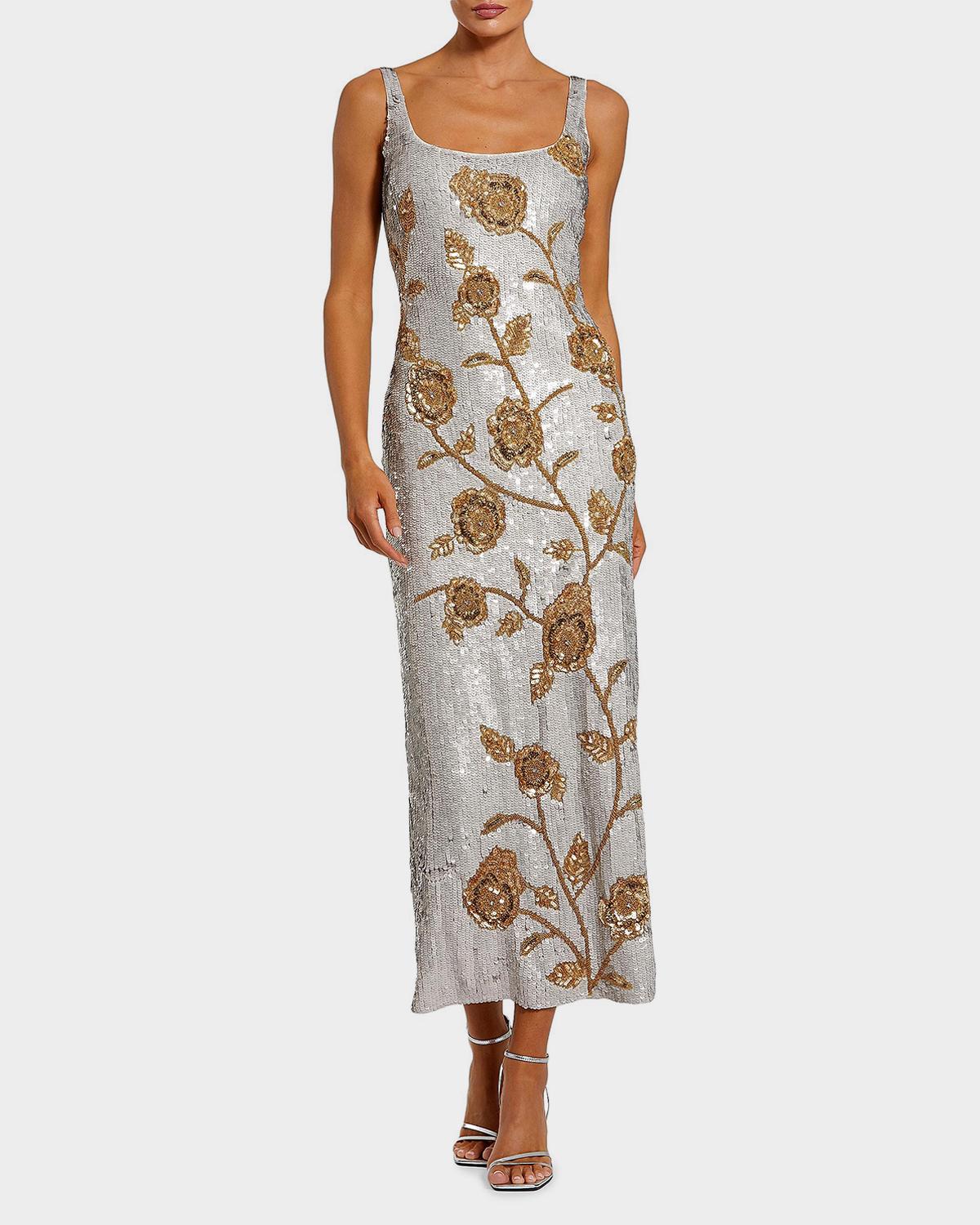 Mac Duggal Sequined Floral Mesh Cocktail Midi Dress