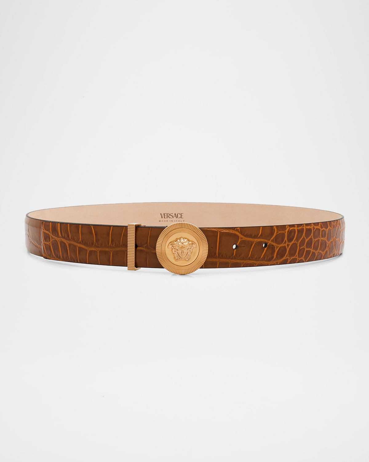 Versace Medusa Biggie Croc-embossed Leather Belt In Light Brown