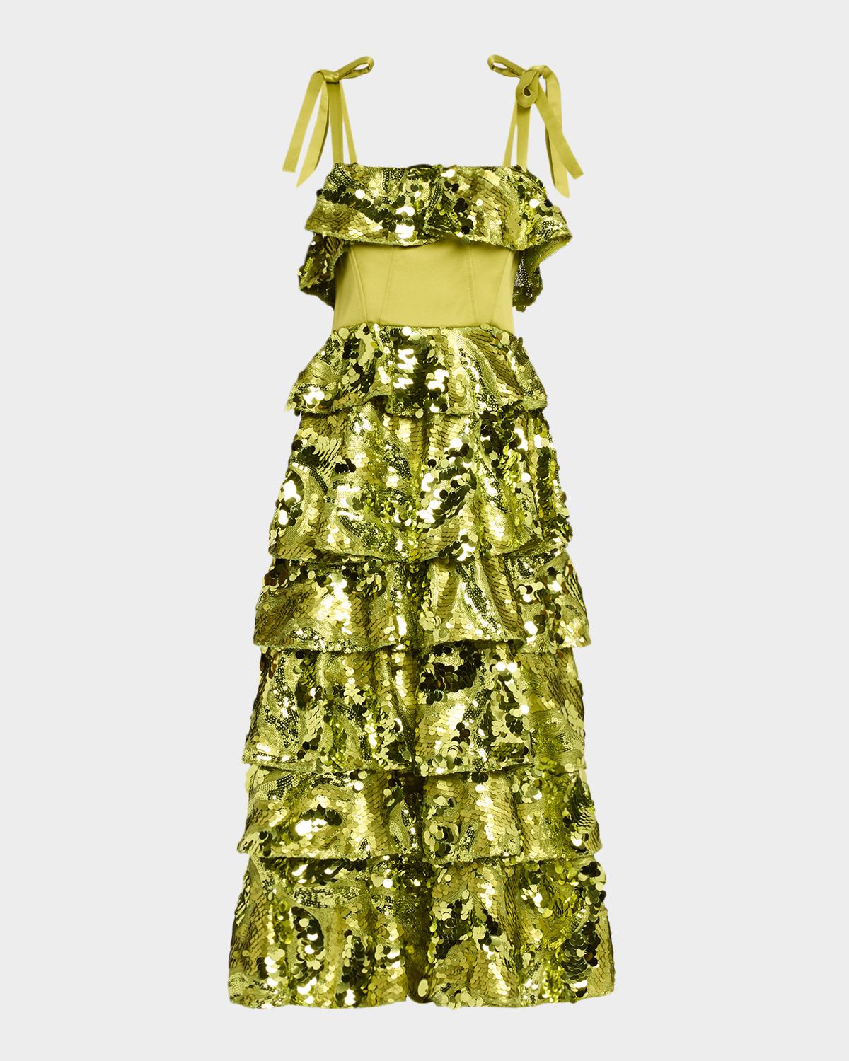 AKNVAS Asta Sequined Ruffle Midi Dress