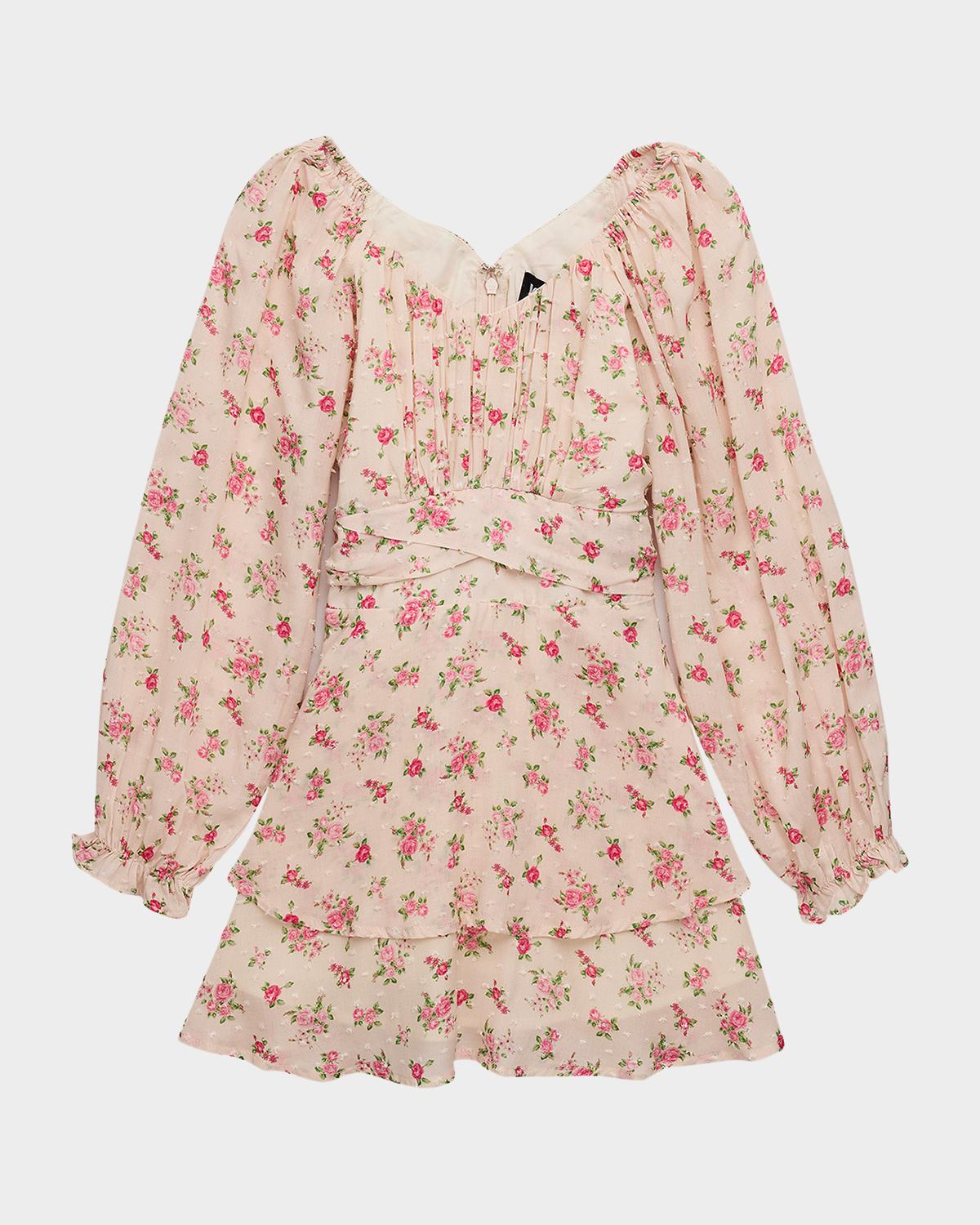 Girl & apos;s Swiss Dot Floral Puff-Sleeve Dress, Size S-XL