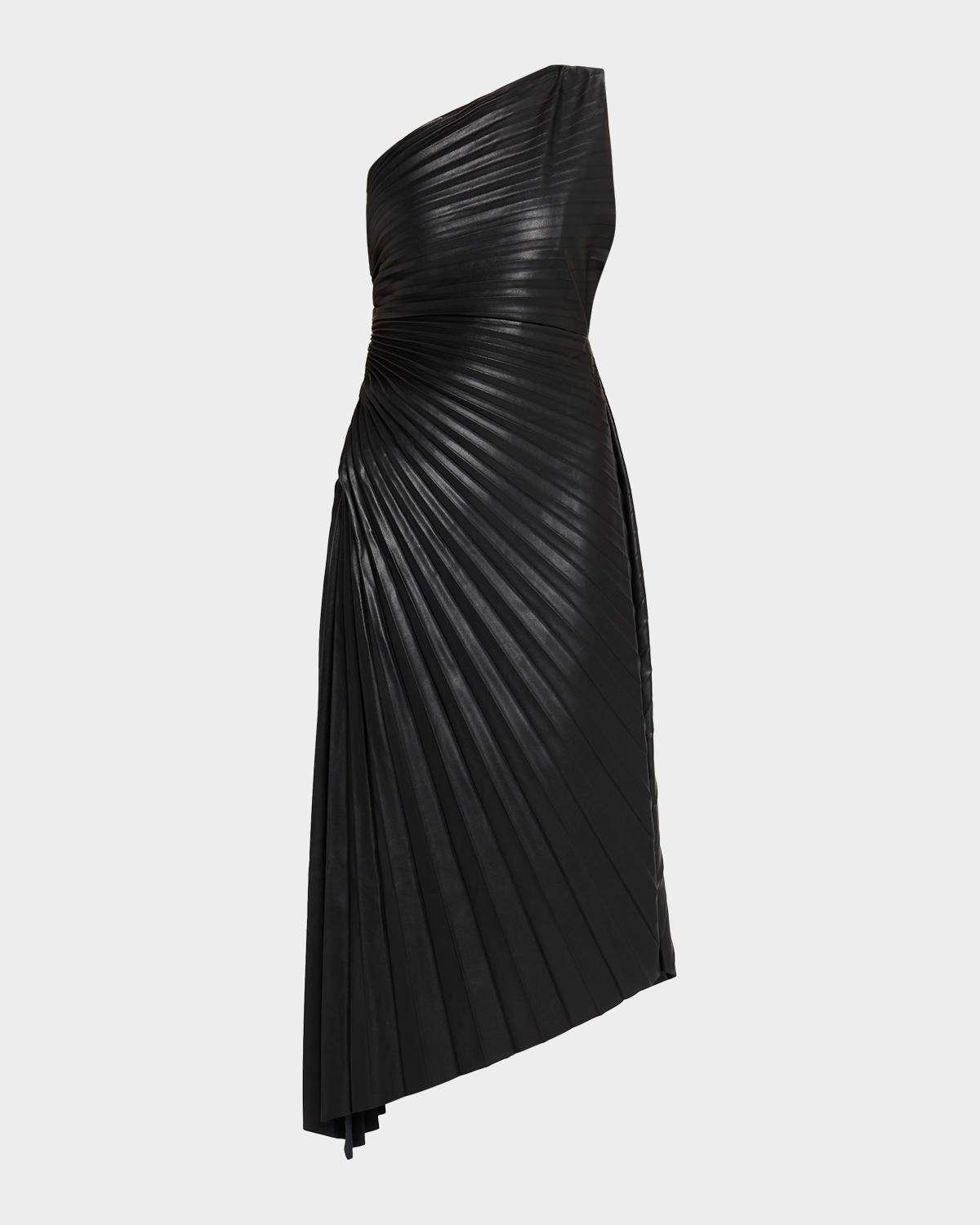 One33 Social Asymmetric Pleated Faux Leather Midi Dress