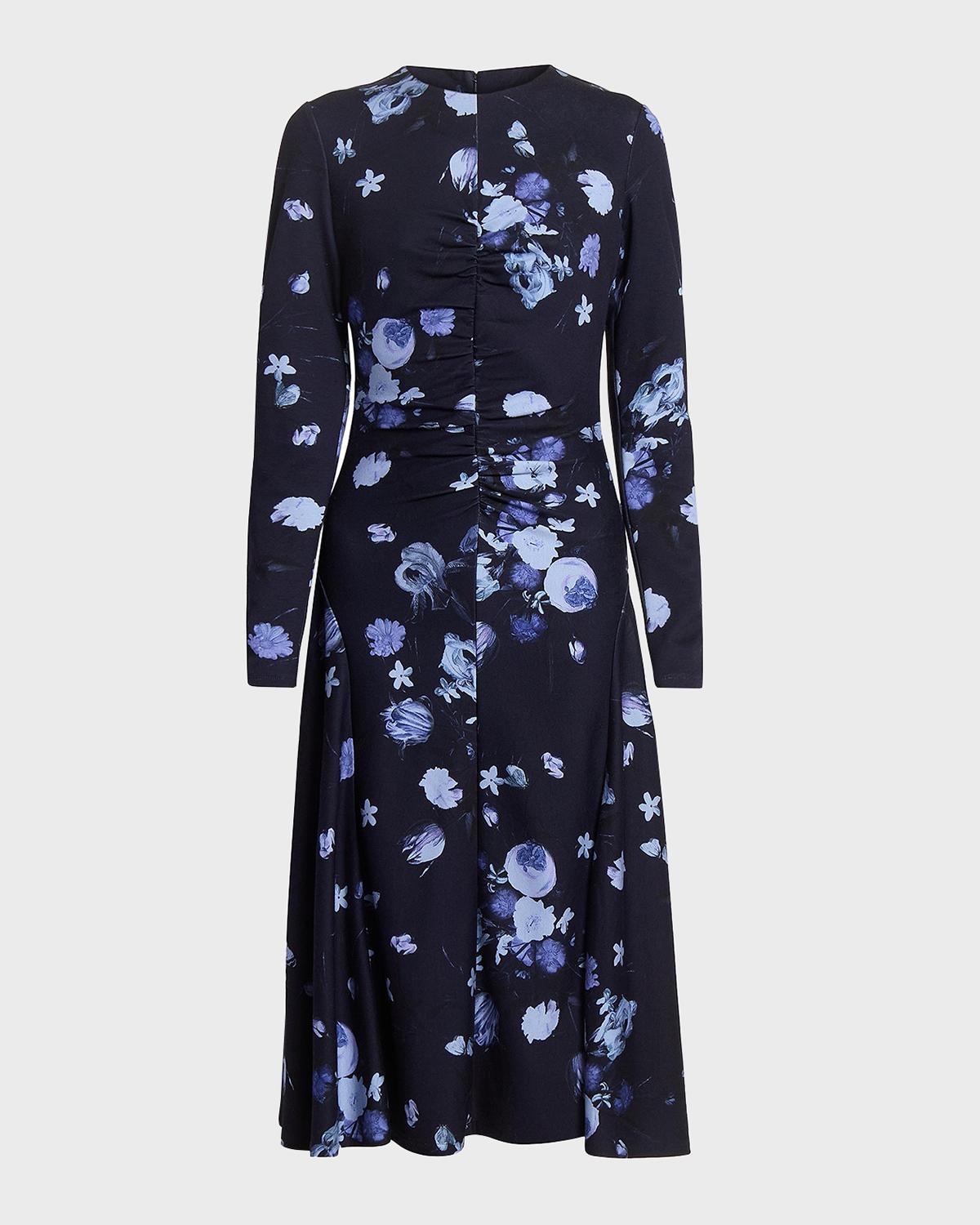 Erdem Floral Gathered Long-Sleeve Midi Dress