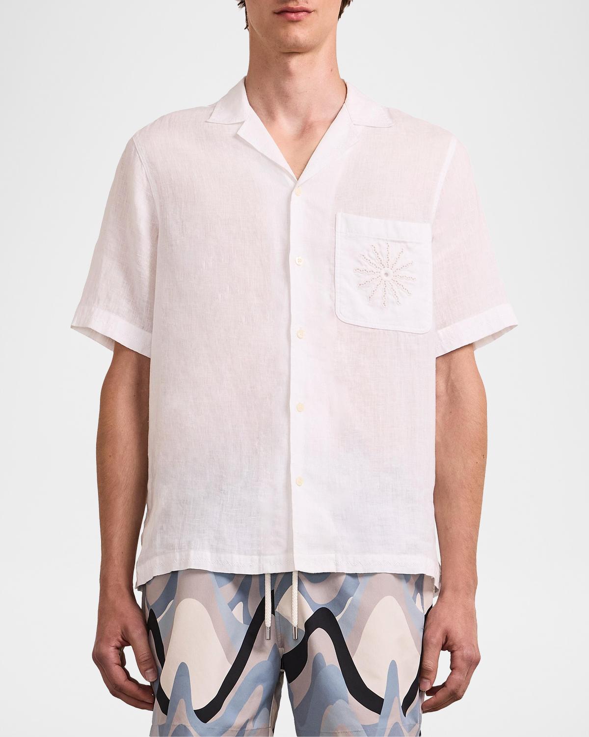 Frescobol Carioca Men's Alves Embroidered-Trim Linen Camp Shirt