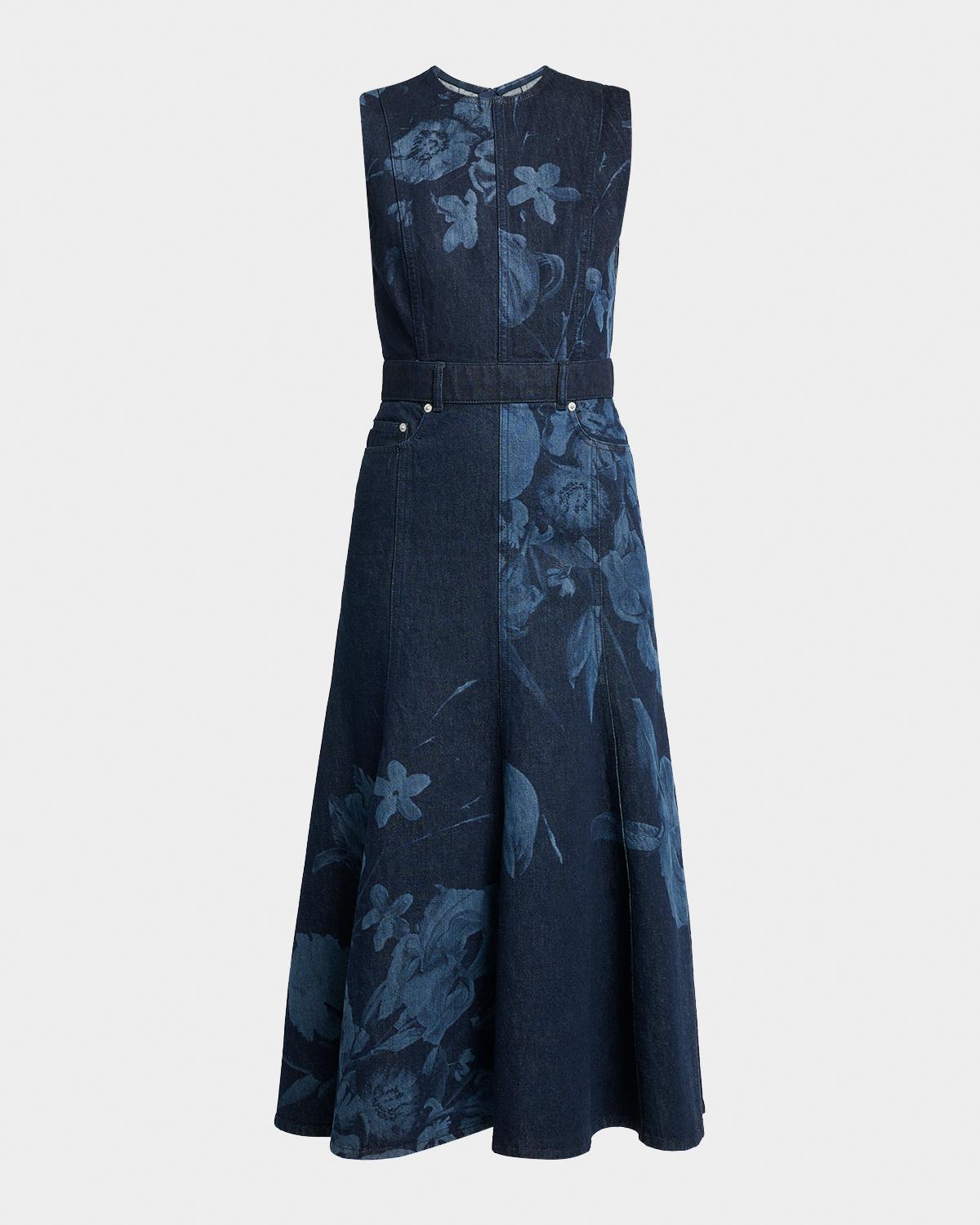 Erdem Floral-Print Denim Sleeveless Flute Midi Dress