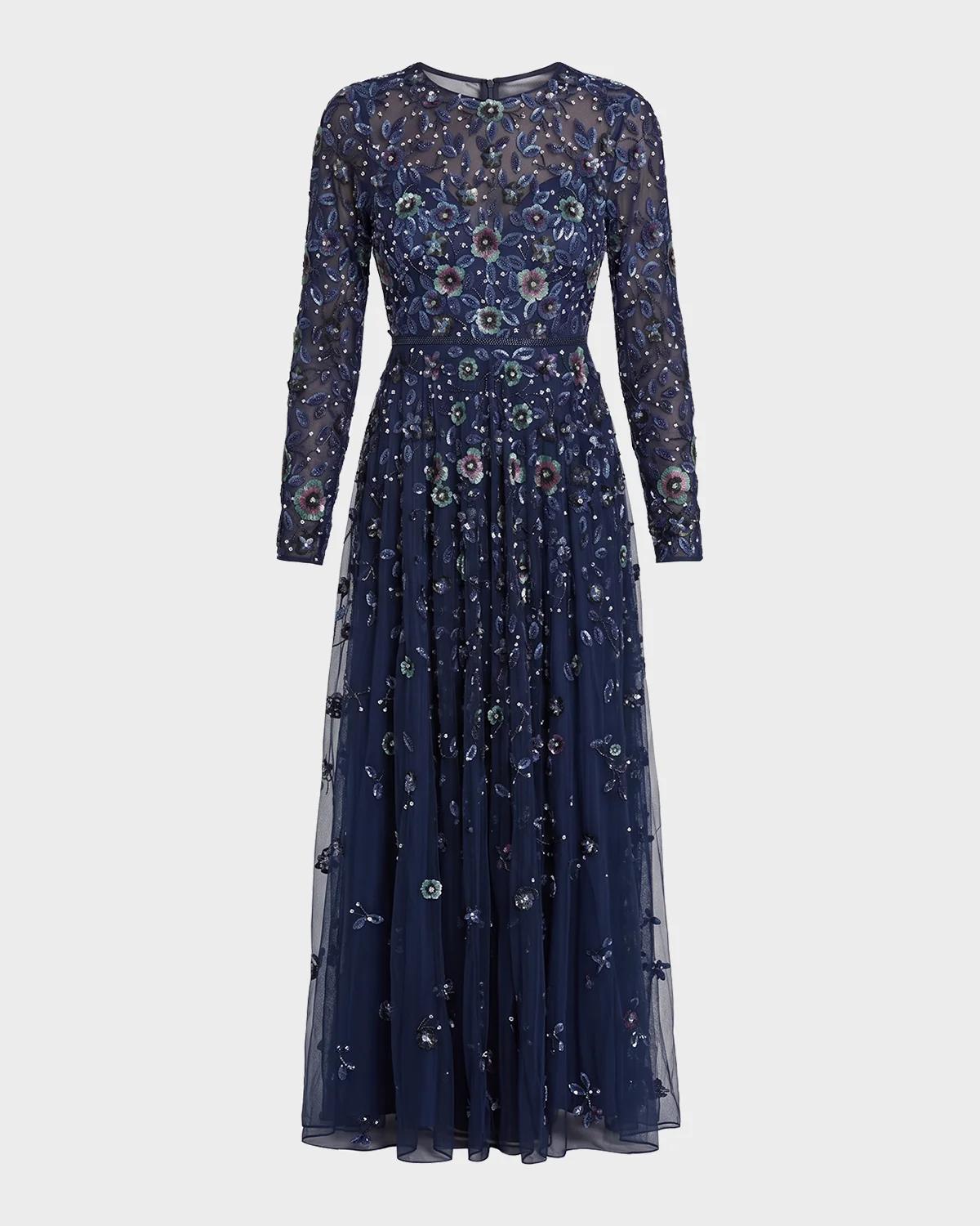 Sequin Floral Applique A-Line Gown