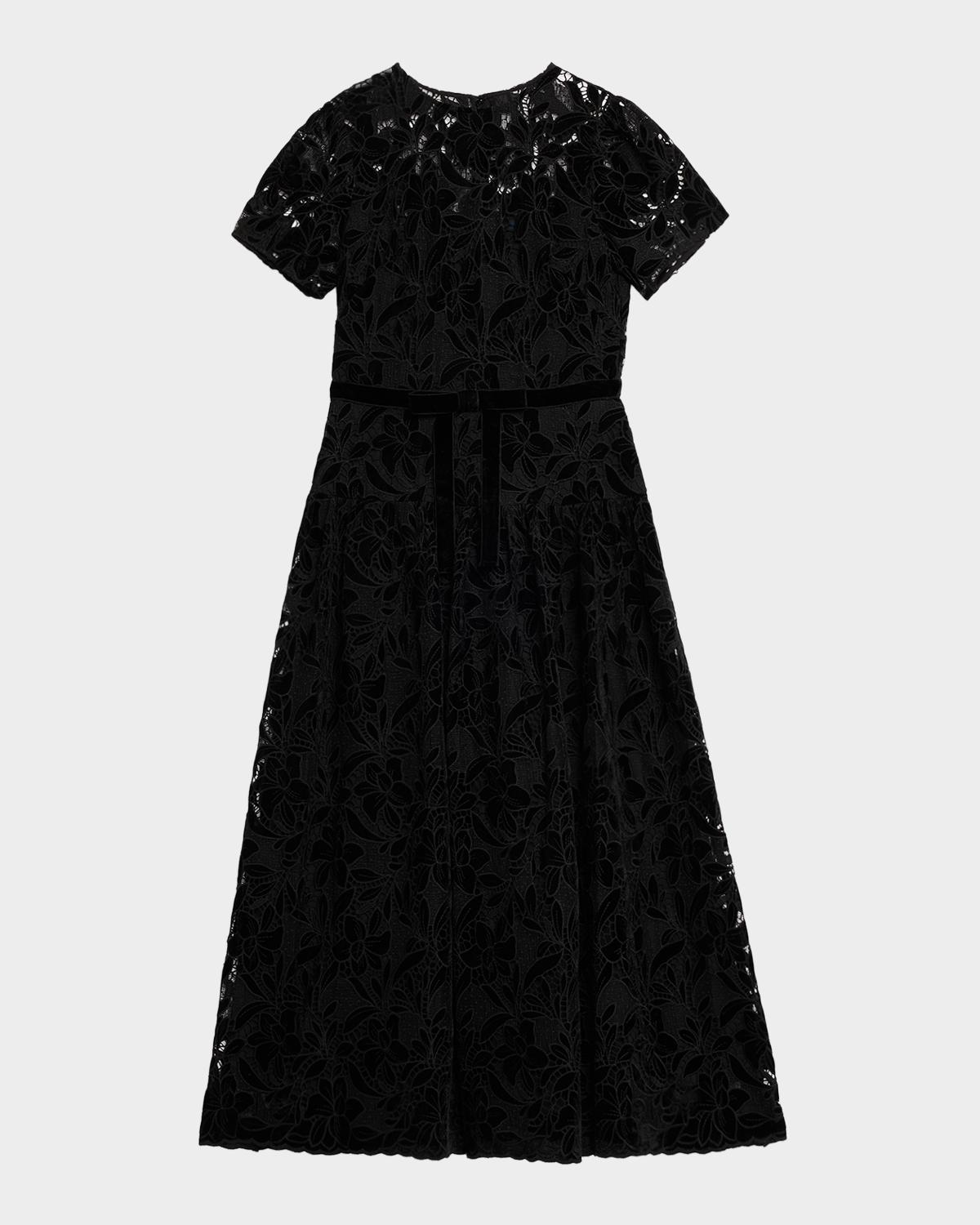 Shoshanna Farah Puff-Sleeve Velvet Lace Midi Dress