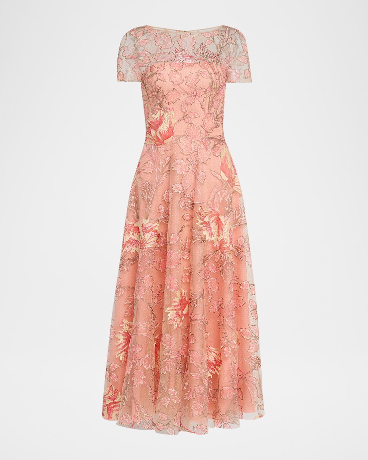 Naeem Khan Metallic Floral Embroidered Short-Sleeve Illusion Midi Dress