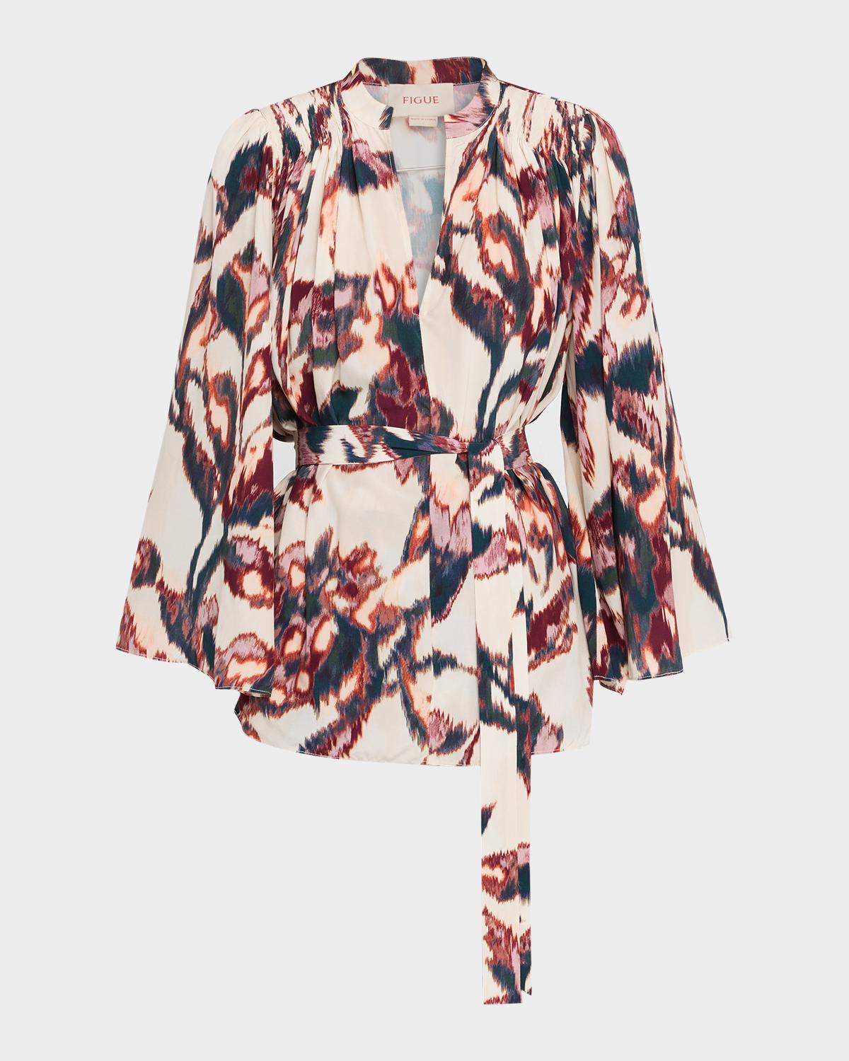 Figue Avery Ikat-Print Belted Long-Sleeve Top