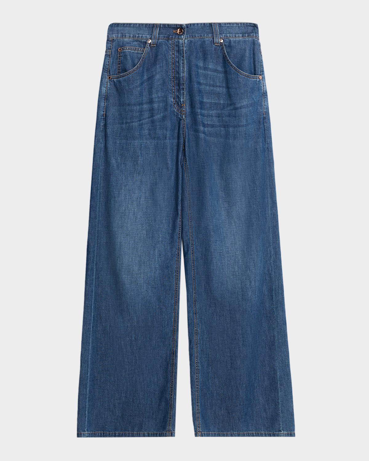 Brunello Cucinelli Lightweight Denim Wide-Leg Jeans With Monili Trim