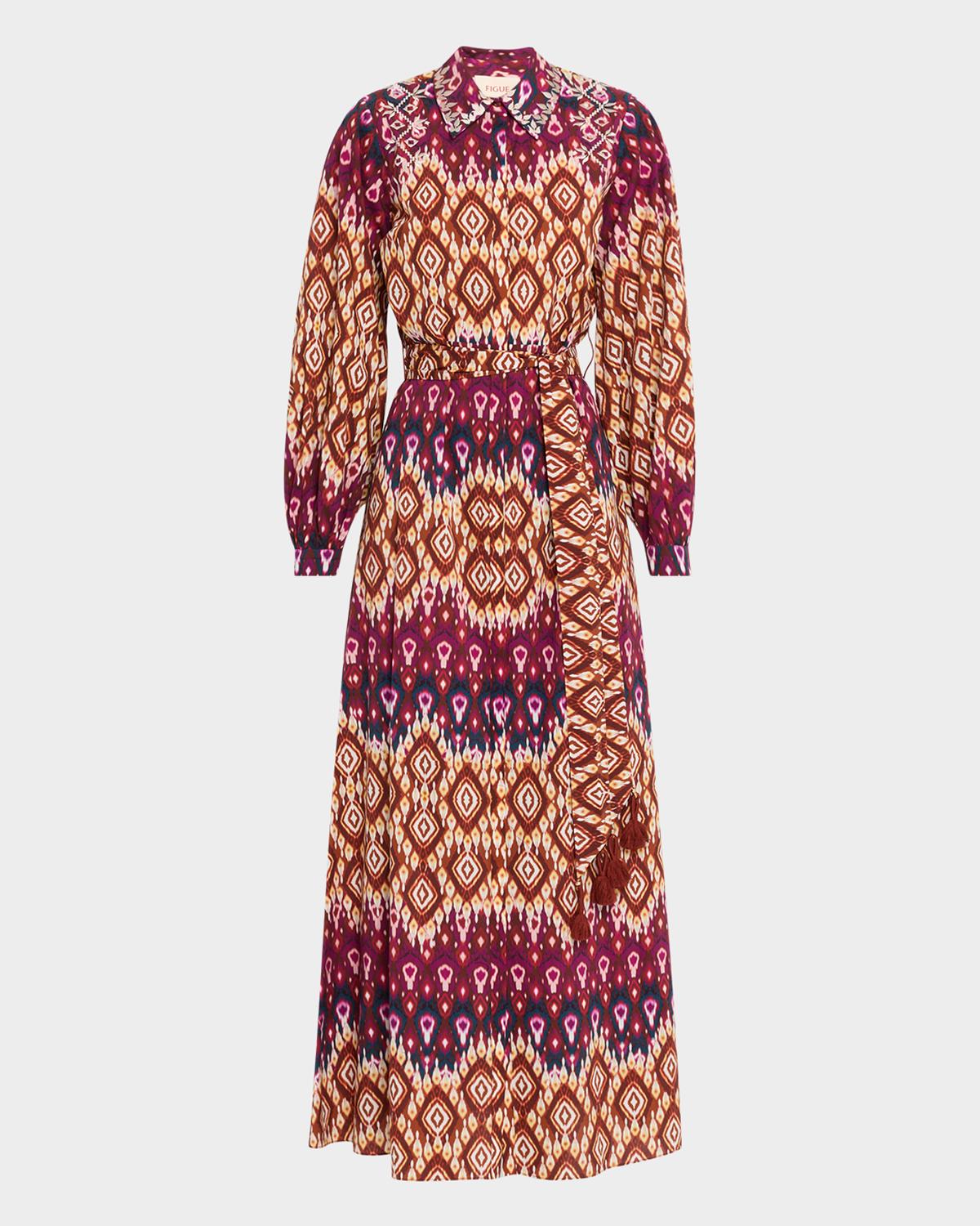 Figue Daisy Medallion-Striped Long-Sleeve Maxi Shirtdress