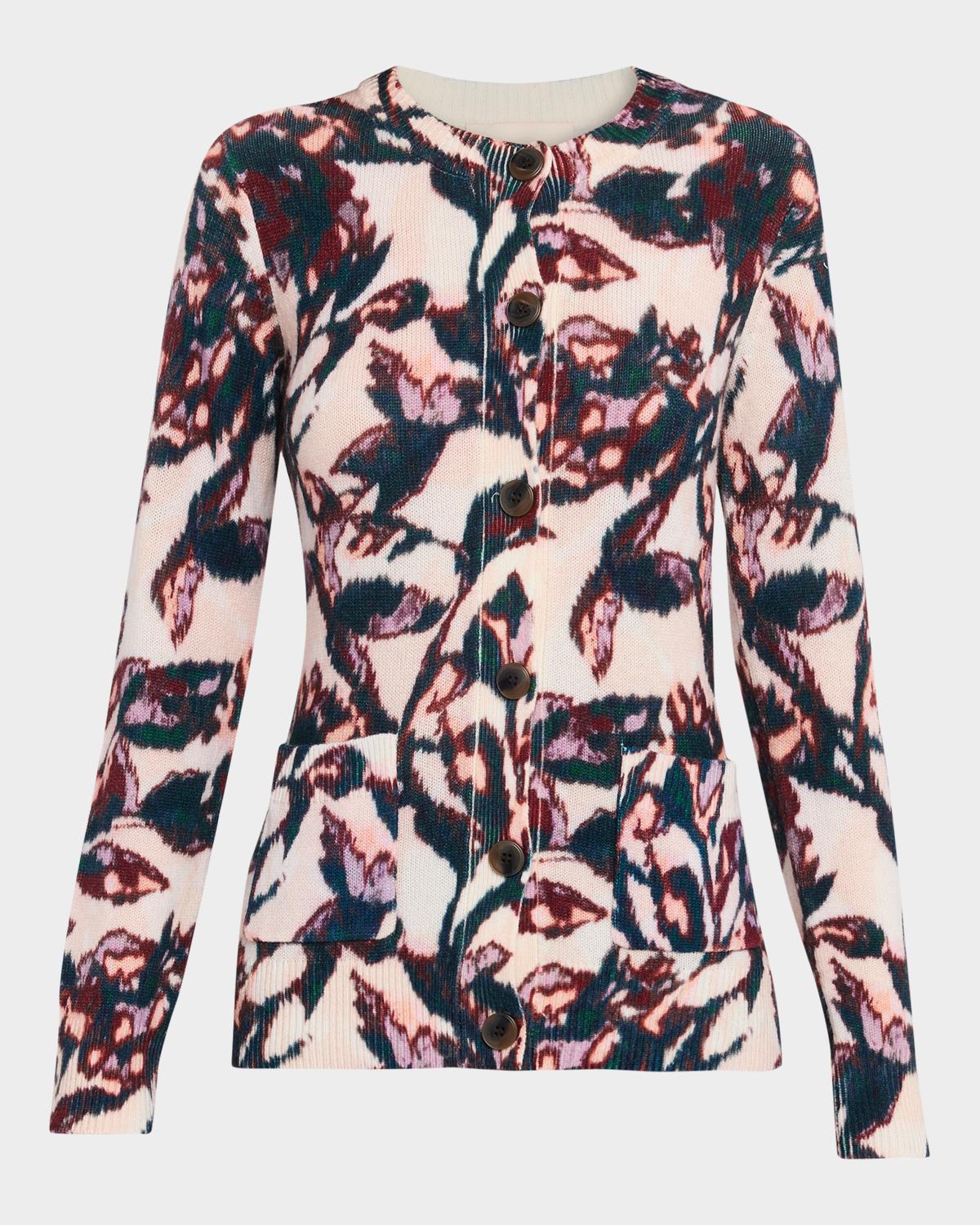 Figue Louisa Floral-Print Wool-Cashmere Crewneck Cardigan