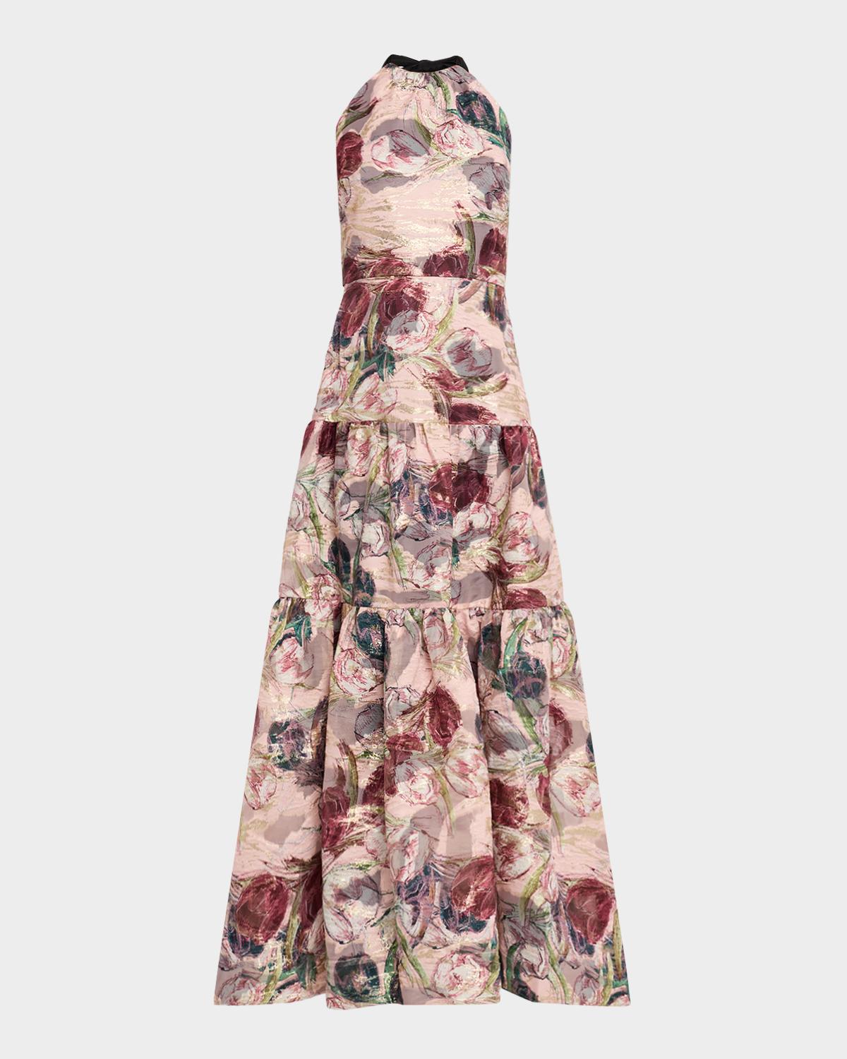 Milly Gizelle Tiered Floral Brocade Halter Gown