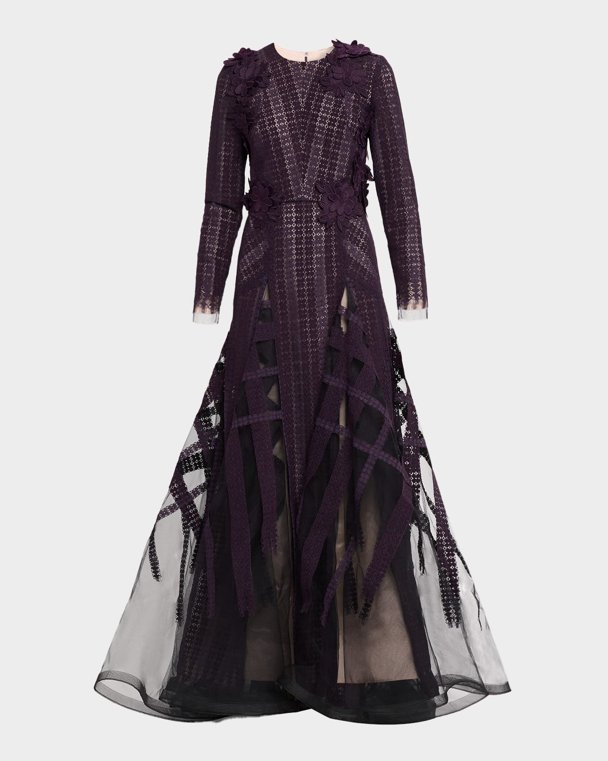 Flocked Floral Lace Long-Sleeve Godet Gown