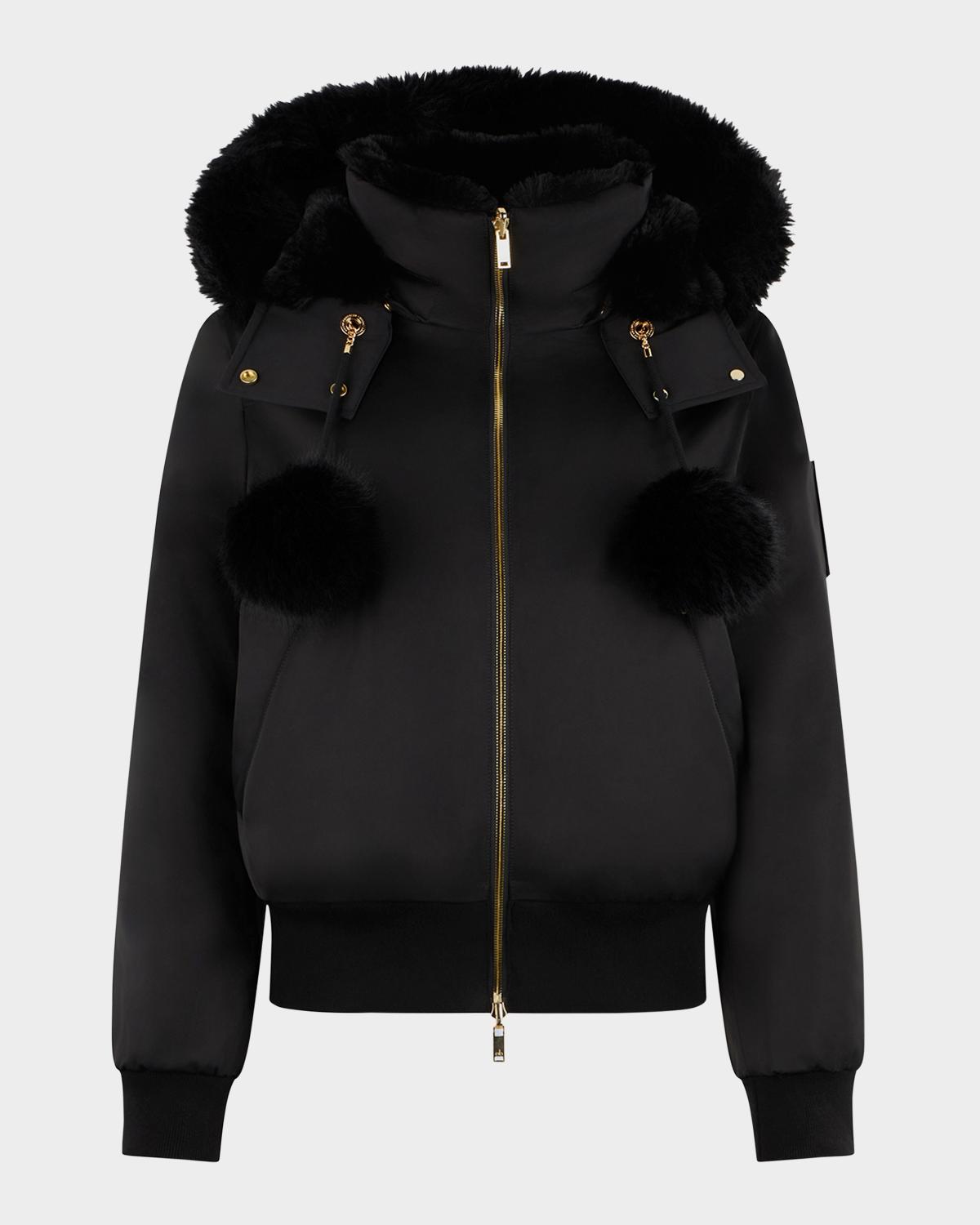 Moose Knuckles Debbie Satin Bomber Jacket with Removable Hood & Pom Poms