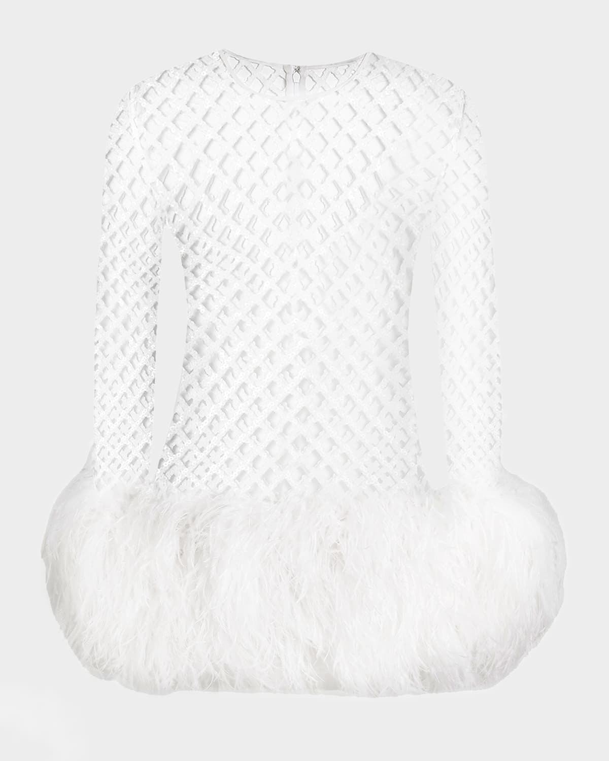 Feather-Trim Sequined Fishnet Long-Sleeve Mini Dress