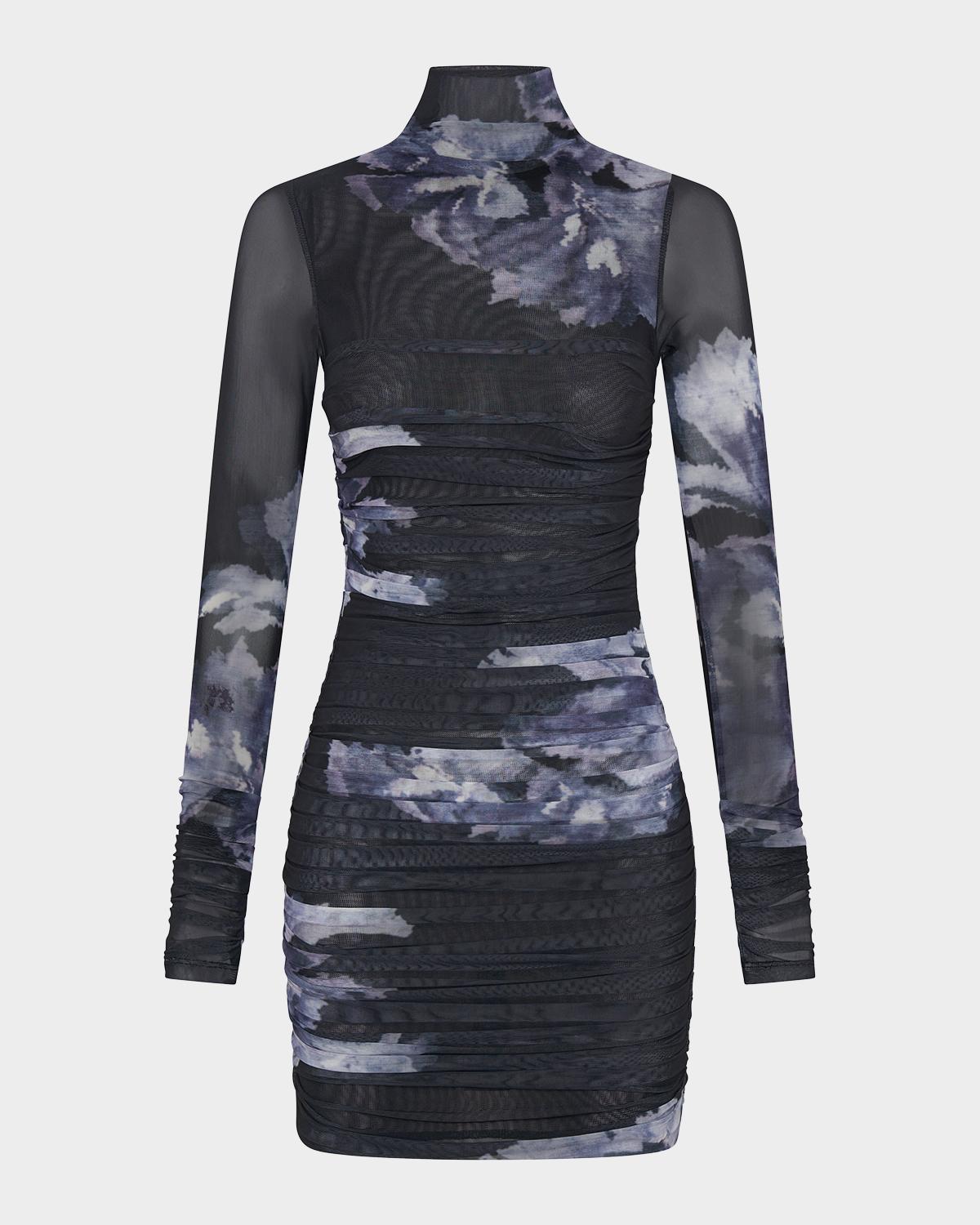 NICHOLAS Mila Long-Sleeve Mock-Neck Mesh Mini Dress