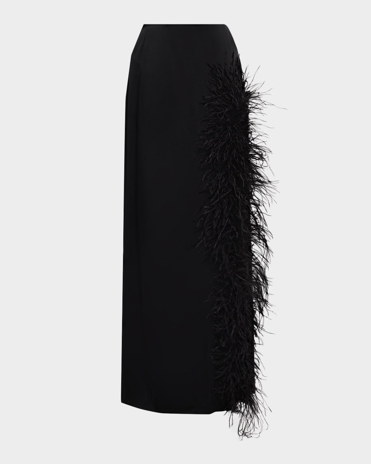 LAPOINTE Feather-Trimmed Slit Satin Maxi Skirt