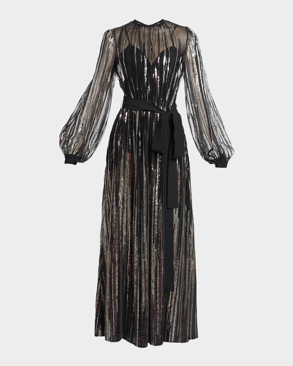 Elie Saab Sequin Embroidered Tulle Long-Sleeve Maxi Dress
