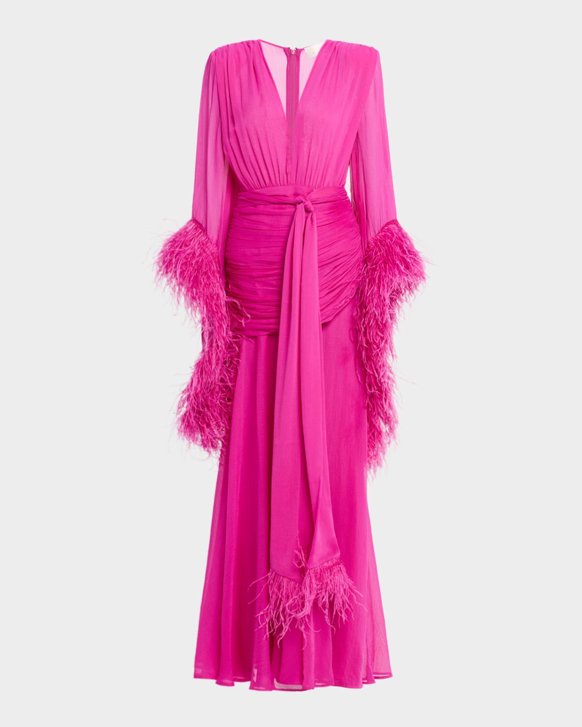 Bronx Banco Geisha Feather-Trim Chiffon Gown