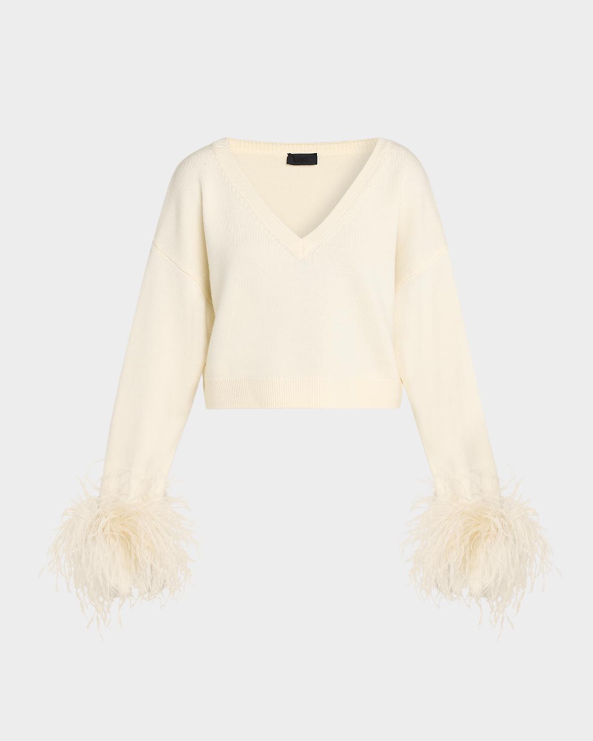 LAPOINTE Merino Wool V-Neck Crop Sweater With Feather Cuffs