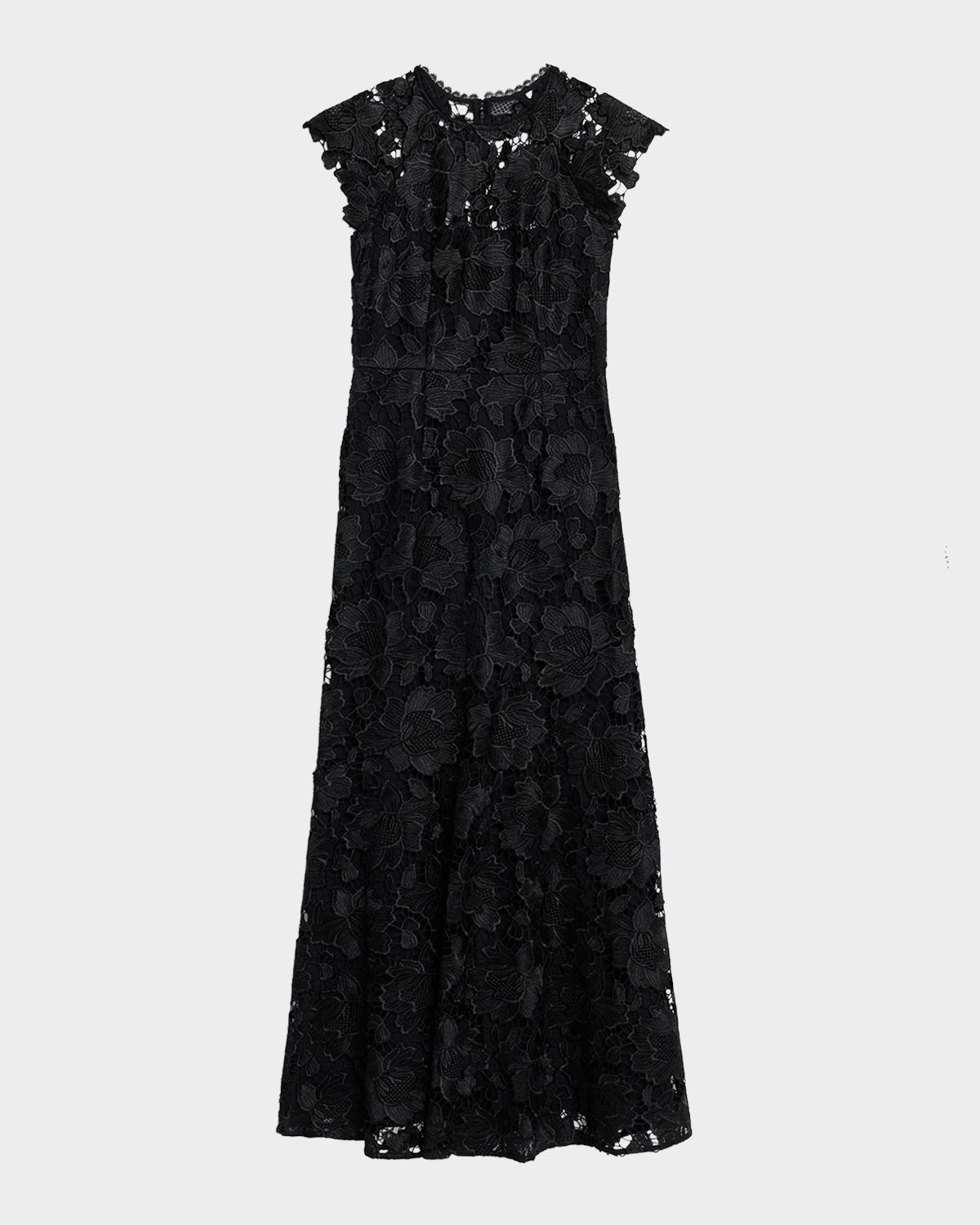 Shoshanna Raven Cap-Sleeve Floral Lace Gown