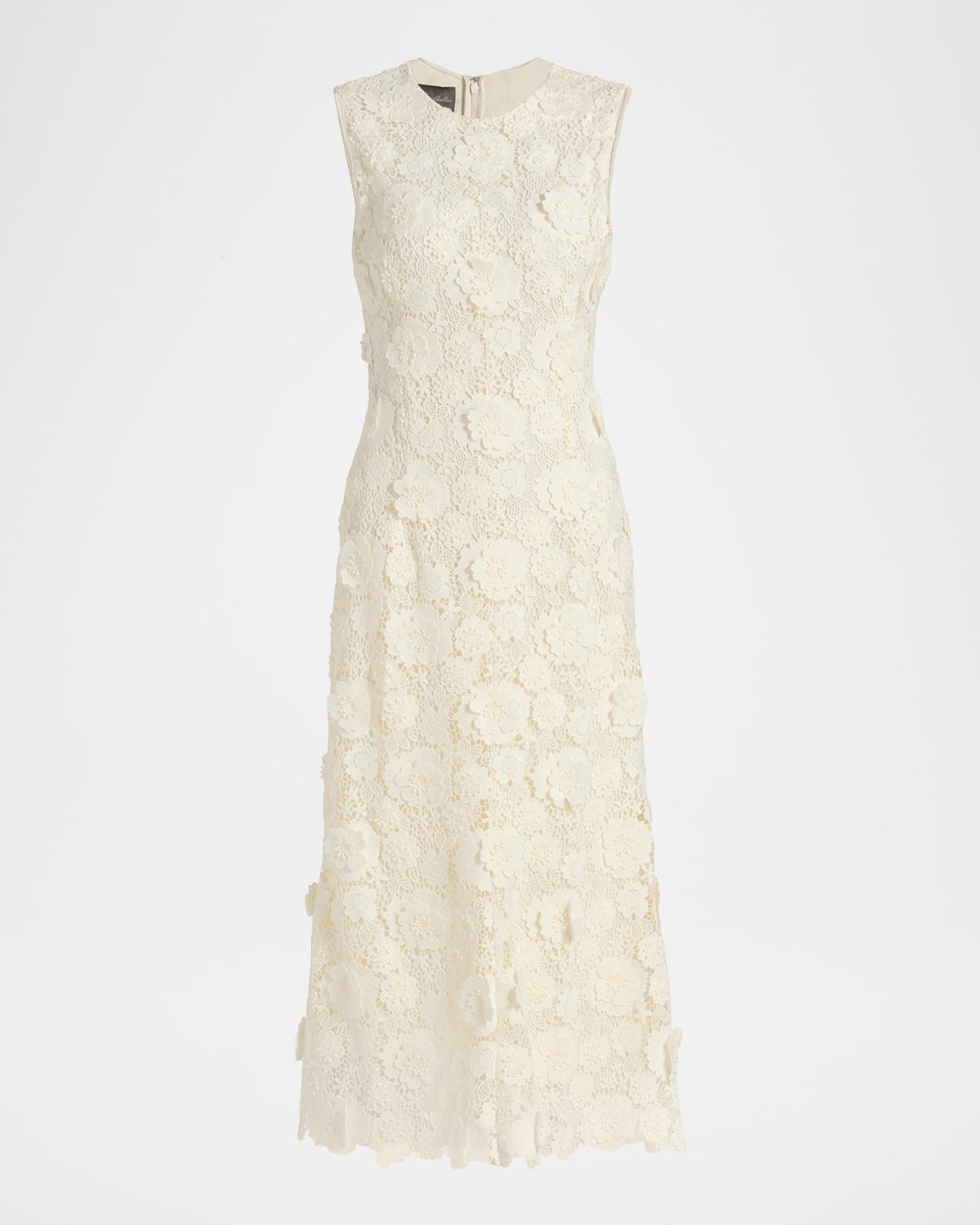 Monique Lhuillier 3D Flower Guipure Sleeveless Midi Dress