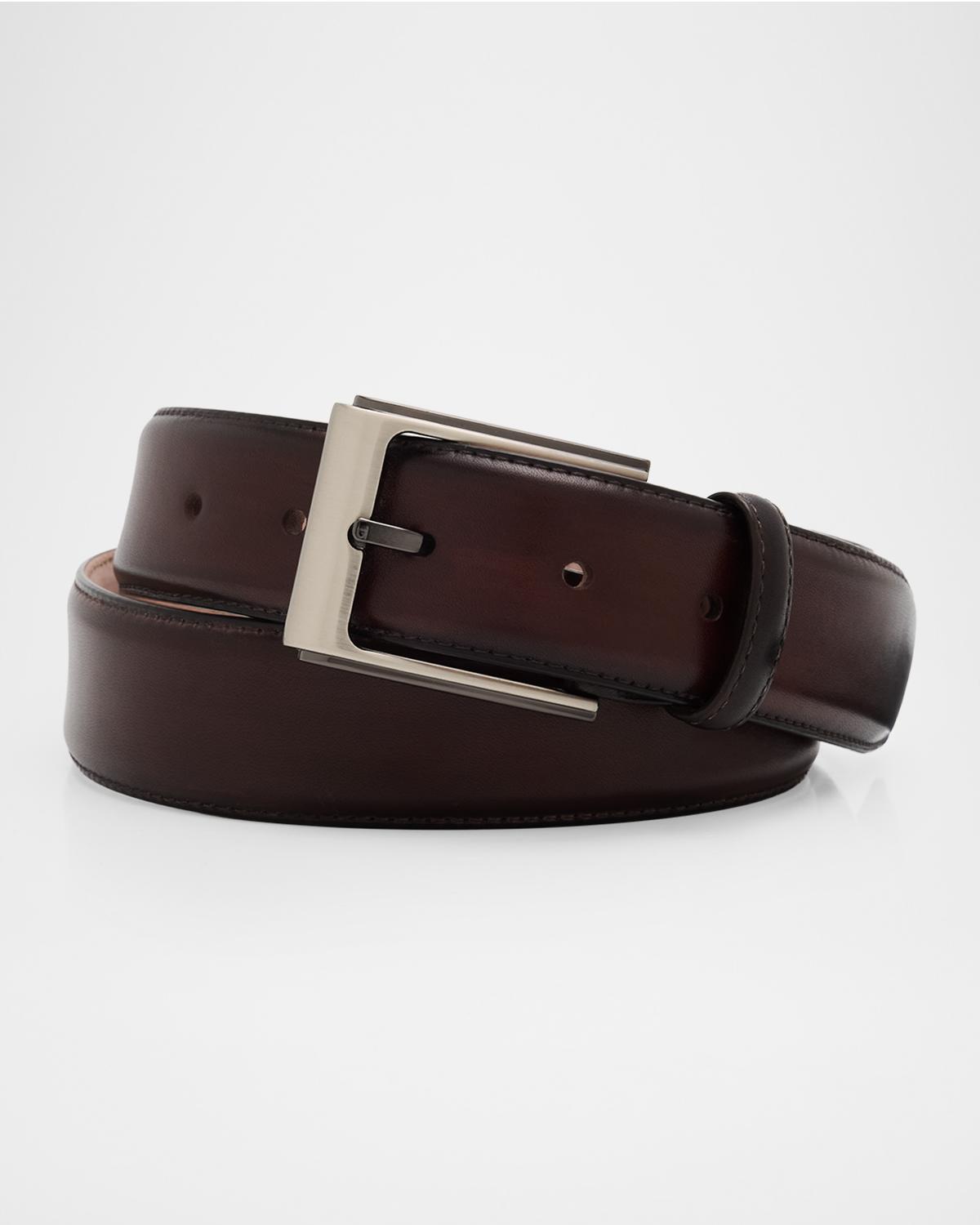 Bergdorf Goodman Men's Patina Leather Rectangle-Buckle Belt