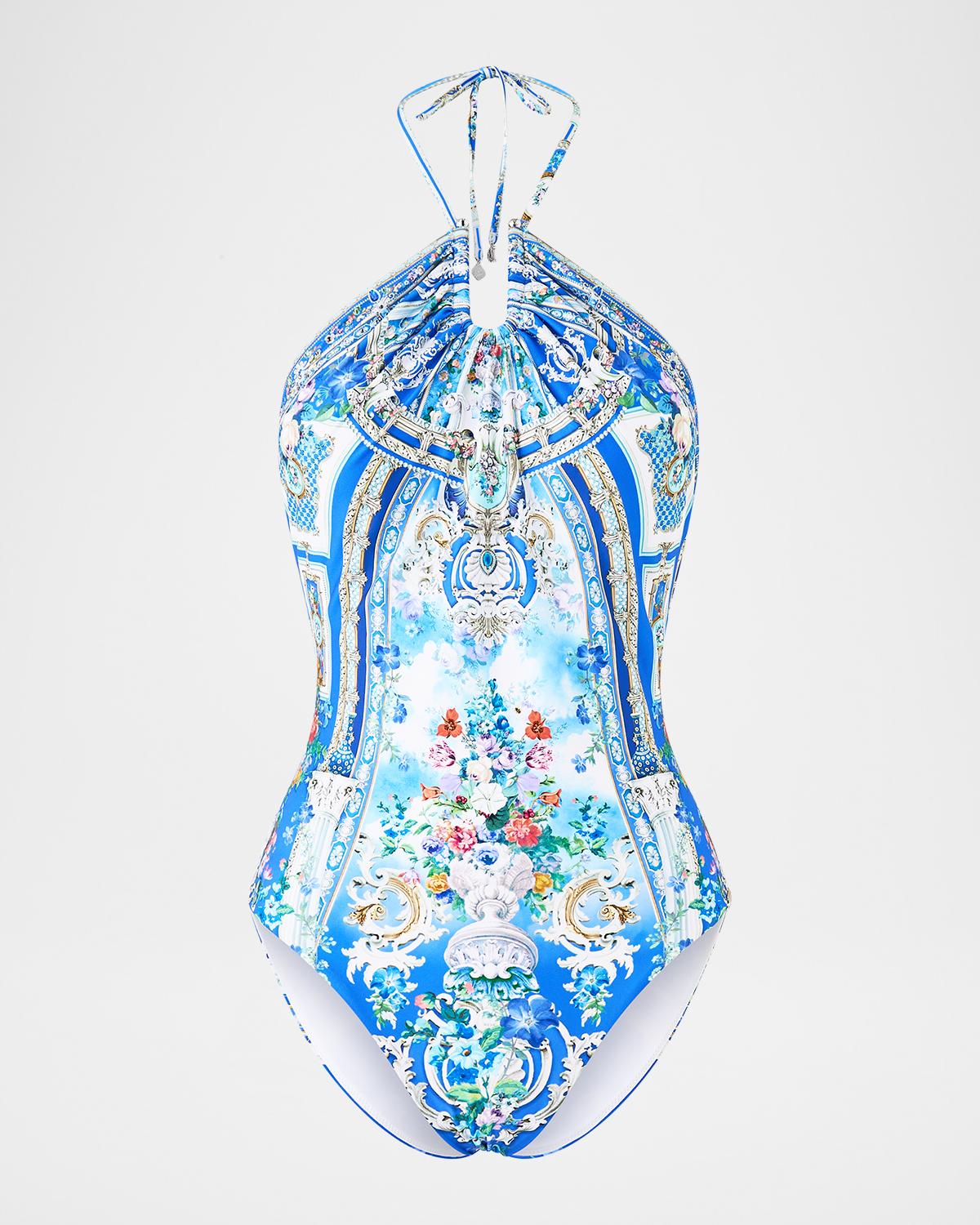 Camilla Ottoman Opulence Diamond Neck Halter One-Piece Swimsuit