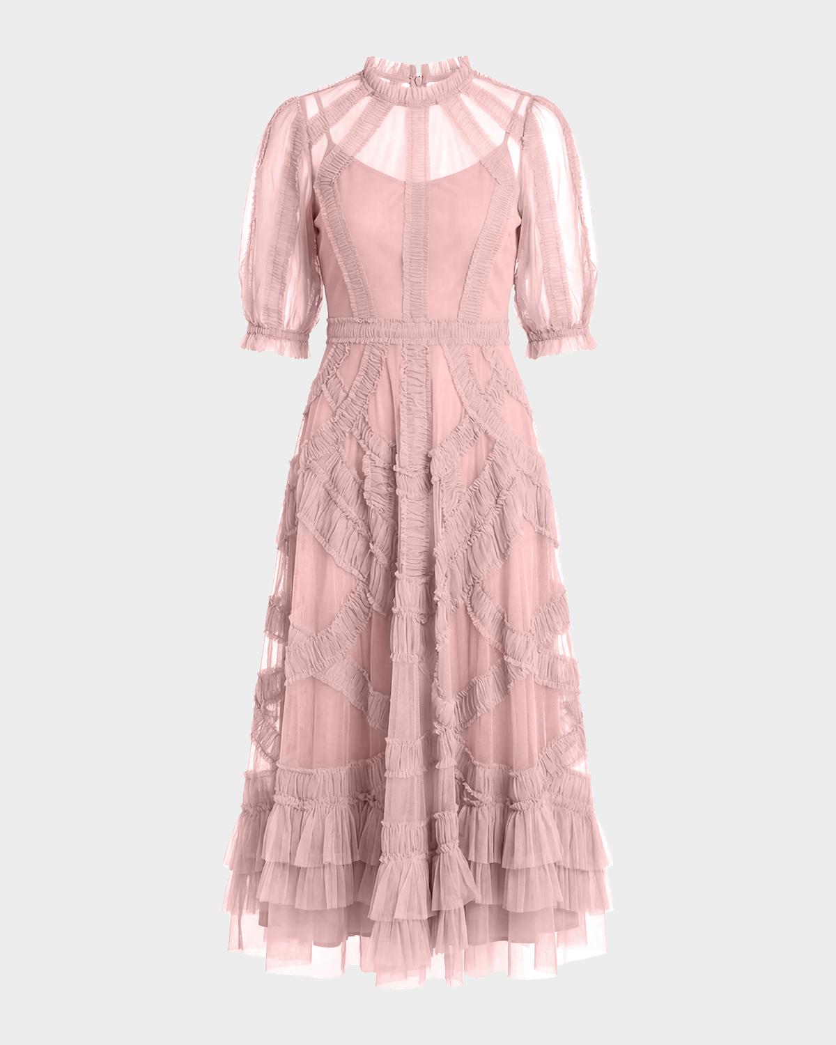 Mac Duggal High-Neck Ruffled A-Line Midi Dress