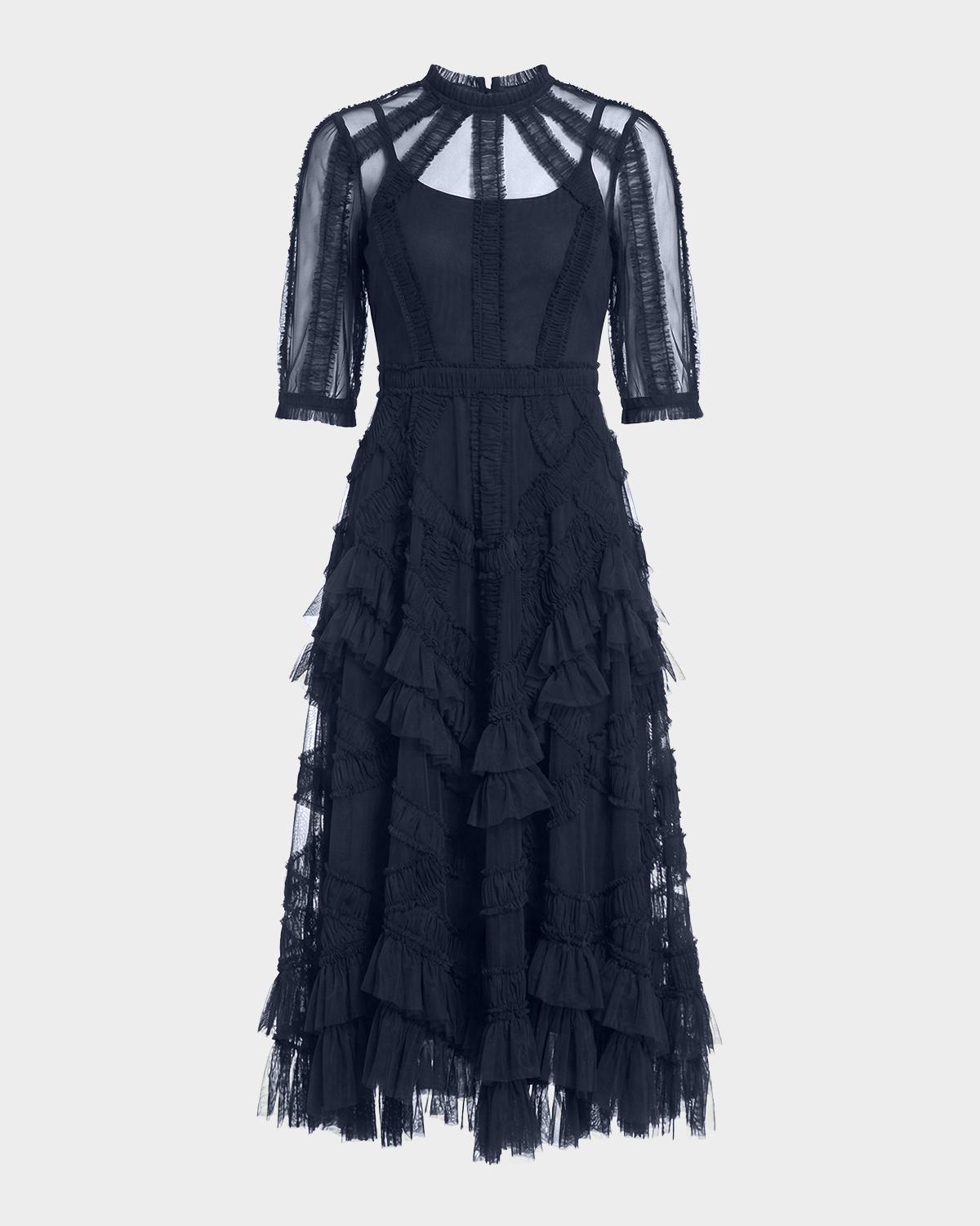 Mac Duggal High-Neck Ruffled A-Line Midi Dress