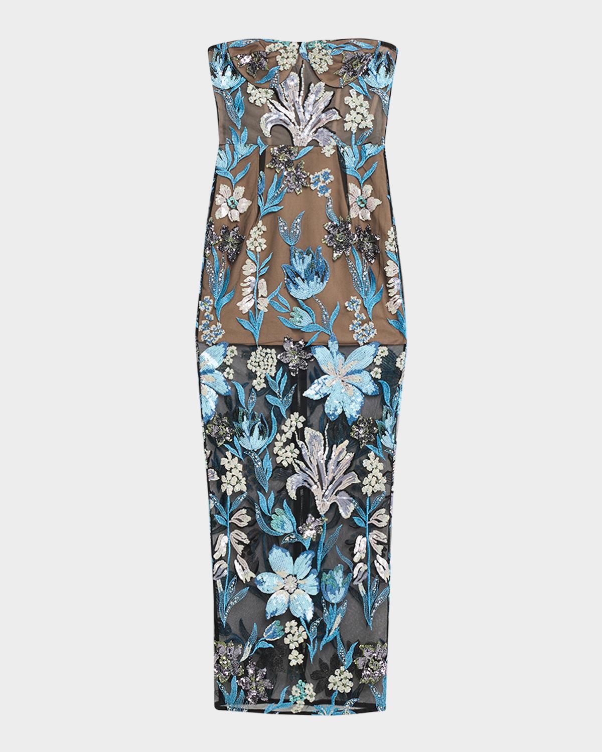 Bronx Banco Dahlia Strapless Sequined Floral Tulle Gown